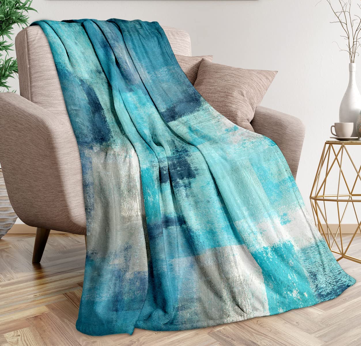 Teal Grey Throw Blanket Turquoise Abstract Art Ultra-Soft Cozy Fleece Blankets Lightweight Modern Flannel Blanket for Couch Sofa Bedding Home Decor (Turquoise Gray, 80" L x 60" W)