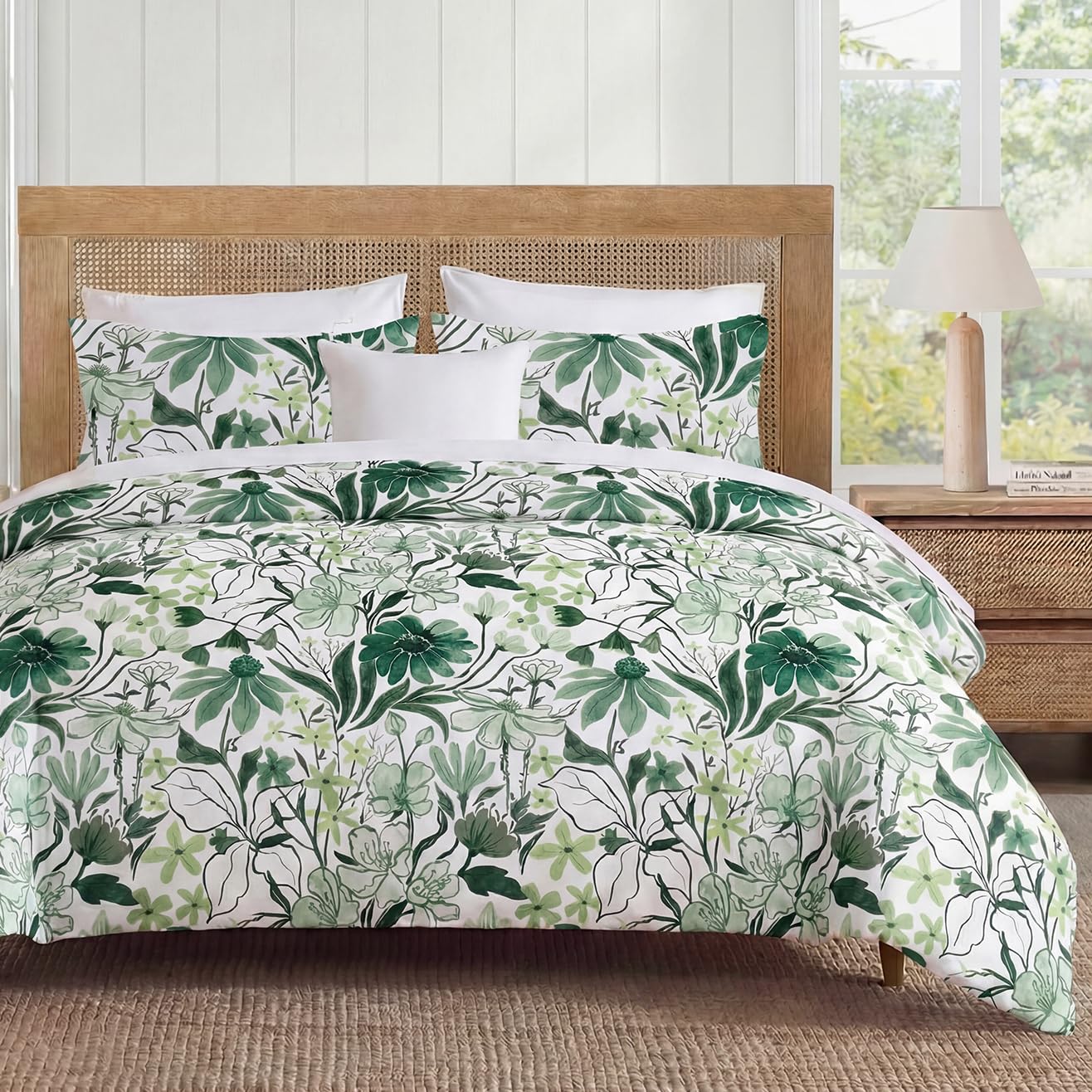 MOVE OVER Green Floral Duvet Cover Queen Size, 100% Cotton Duvet Cover Set with Zipper Closure & Corner Ties, Soft Breathable Line Art Botanical Duvet Cover Set for All Seasons
