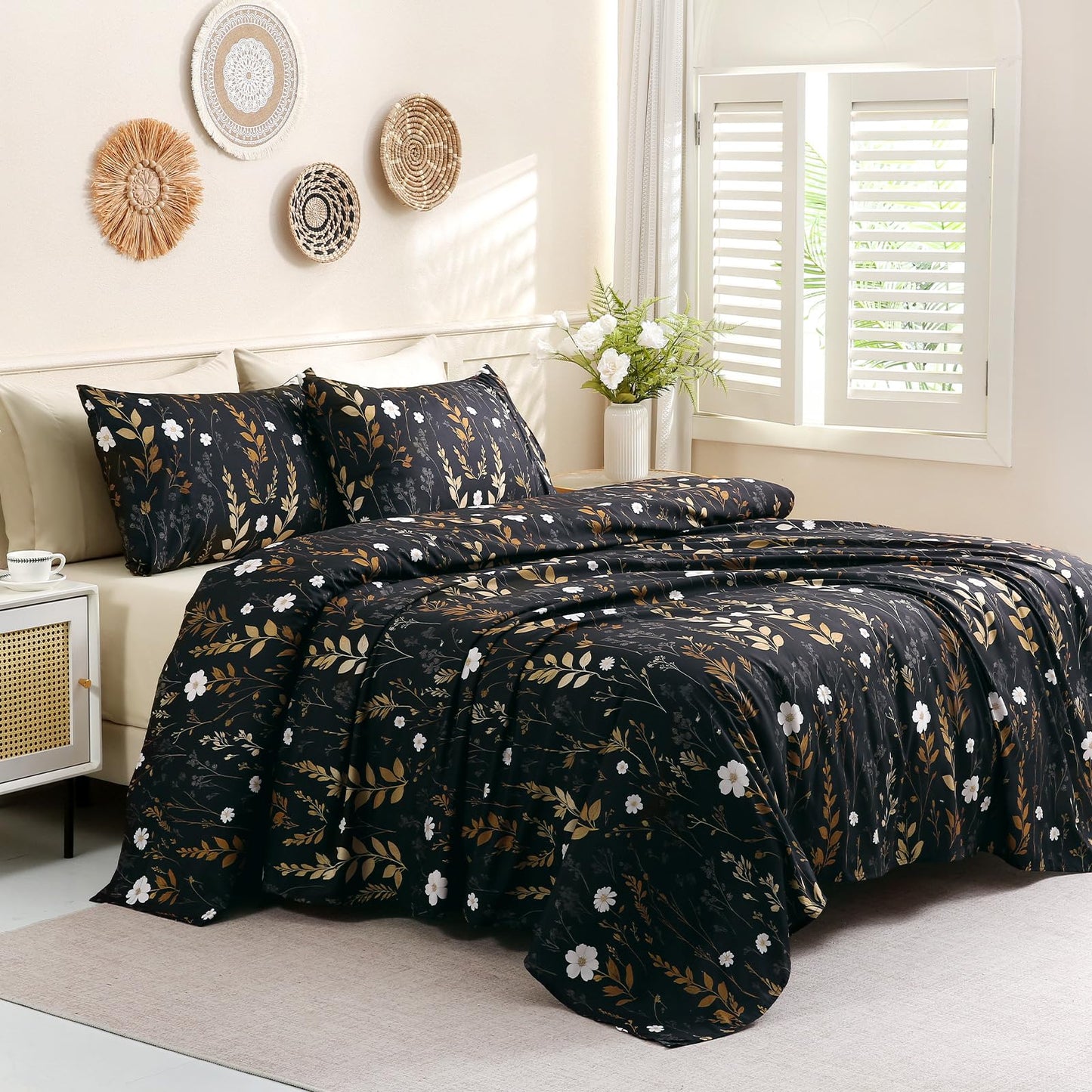 Botanical 6-Piece Full Size Sheets Set, Boho Floral Print Brushed Microfiber Sheets, Cooling Bed Sheet Set, Ultra Soft & Breathable, 16' Deep Pocket Fitted Sheet & Pillowcase Set, Beige Brown Leaves
