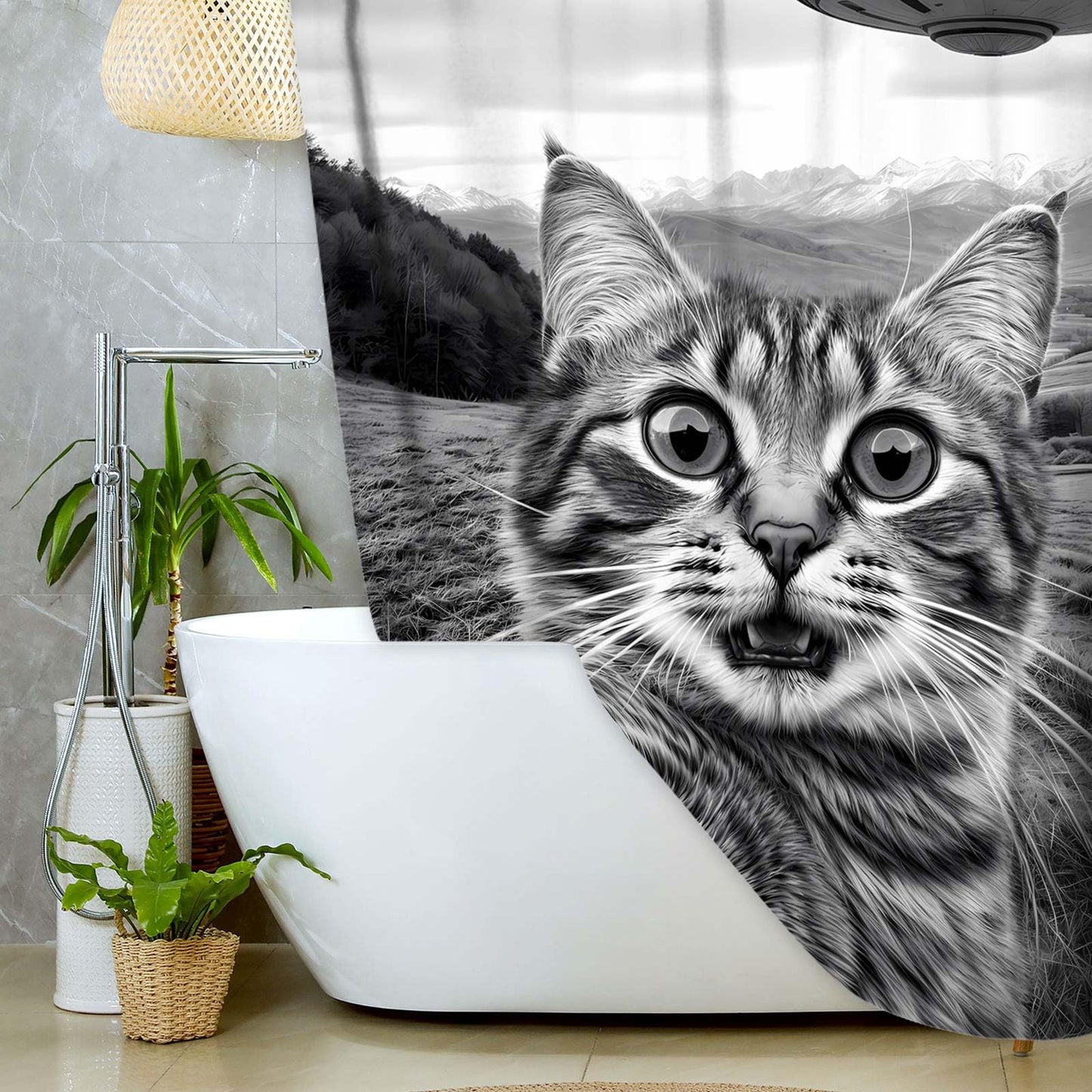 JAWO Funny Shower Curtain, Hilarious Selfie Cat Waterproof Bath Curtain, Modern Gray Country Scene Fun Cute Gray Cat UFO Bathroom Decor, 72X72 INCH with Hooks