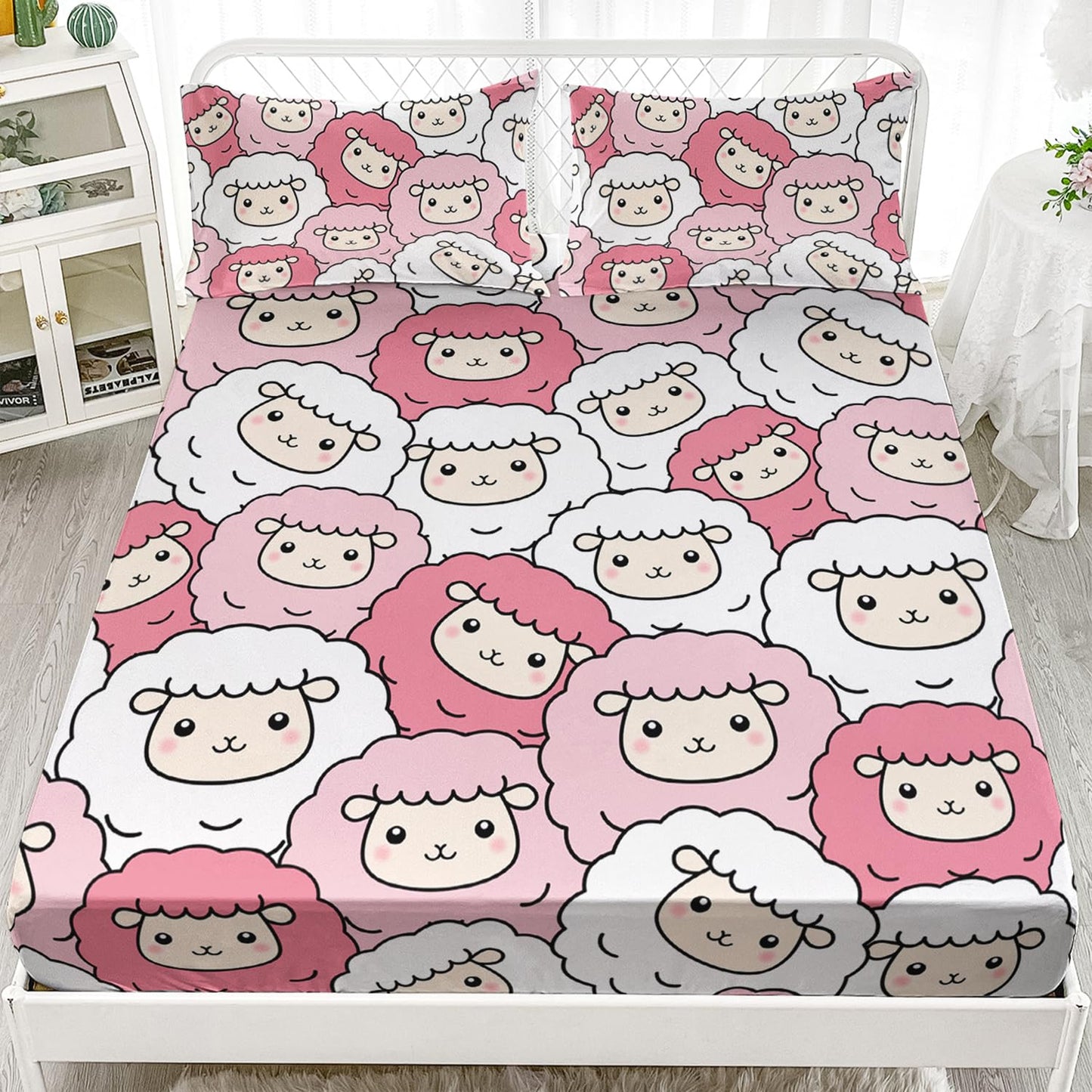 AILONEN Sheep Fitted Sheet Set Twin Size, Cute Sheep Cartoon Animal Bed Sheet Set,Pink White Kawaii Girls Sheet Set 3 Pieces, 1 Fitted Sheet and 2 Pillowcases