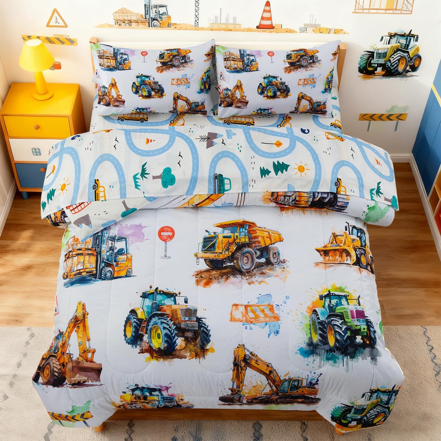 Holawakaka Trucks Tractors Cars Boy Bedding Comforter Set with Sheets, Twin Size Cartoon Construction Car Excavator Print Kids Bed in A Bag 5-Piece, Boys Reversible Dorm Bed Sets (Multi Twin)