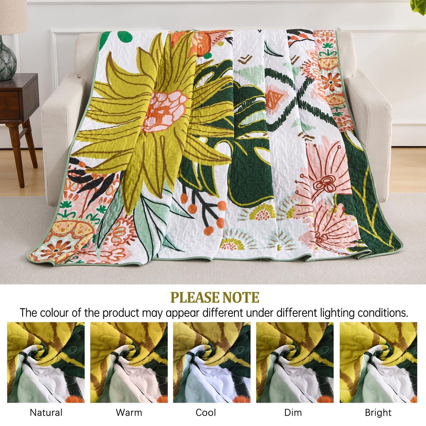 DJY Boho Floral Quilt Set Queen Size 3 Piece Green Bedspread, Botanical Farmhouse Quilt Bedding Set Reversible Soft Microfiber Bohemian Coverlet for All Season, 90''x96''