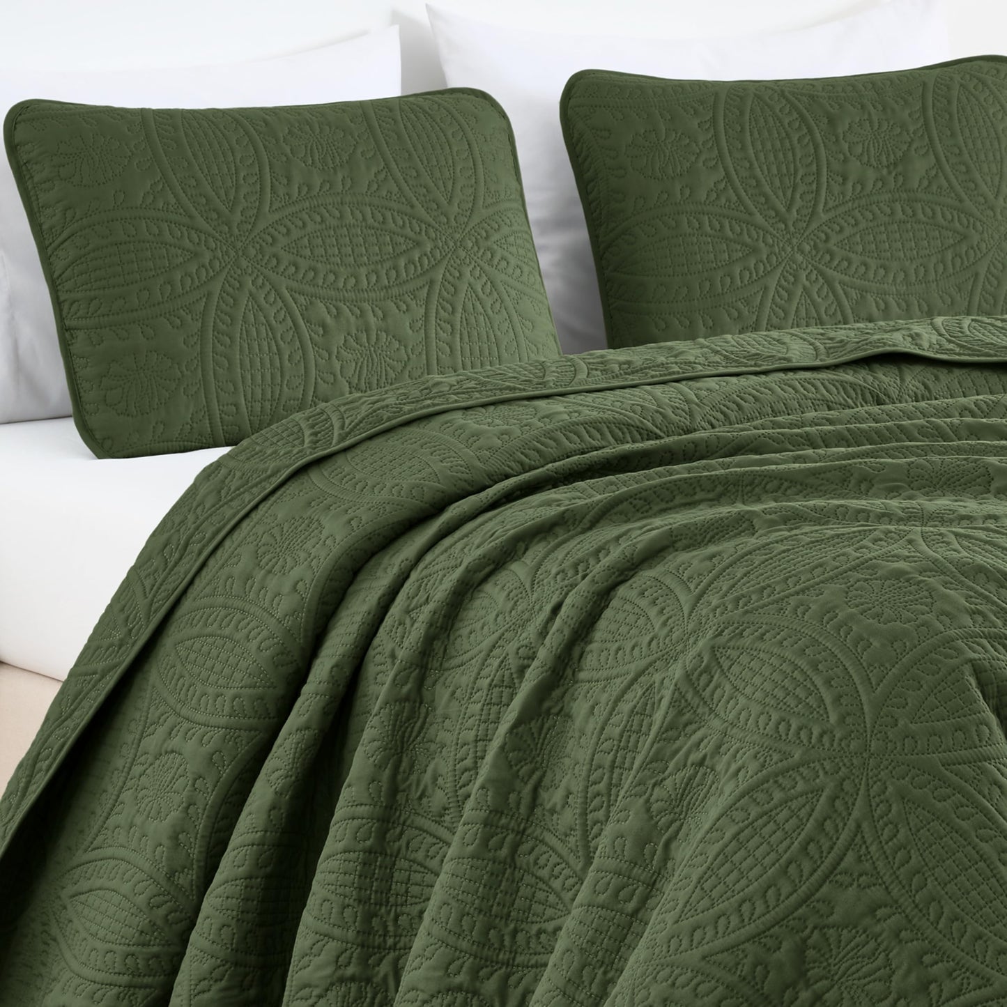Chezmoi Collection Austin King Oversized Bedspread Set, 3-Piece Pinsonic Quilted Lightweight Microfiber Bedspread Coverlet, Olive Green