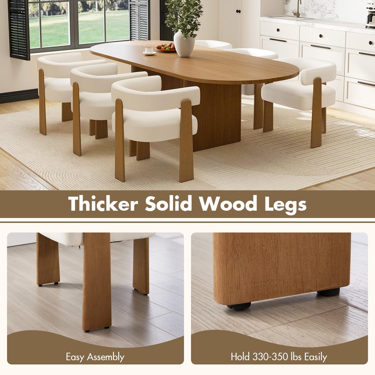 Hyfirm Set of 2 Modern Boho Barrel Dining Chairs with Wood Legs, White Upholstered Accent Armchairs with Thick Padded Cushion for Kitchen, Minimalist Natural Chic Chairs for Living Room