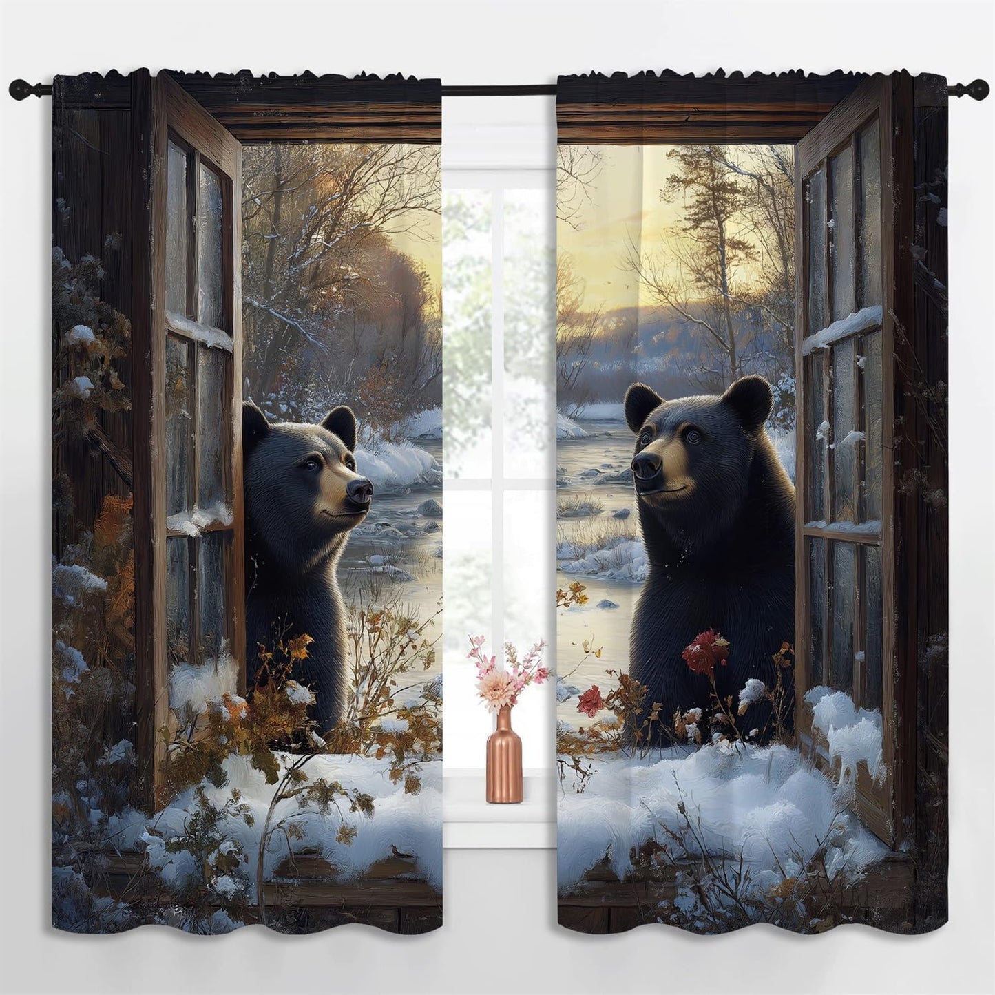 Black Bear Boy Girls Blackout Curtains,Rustic Winter Snow Scene Country Farmhouse Wildlife Vintage, 2 Panel Rod Pocket Thermal Insulated Drapes for Bedroom, Living, Kids Teen Room Deco 55x63 inch