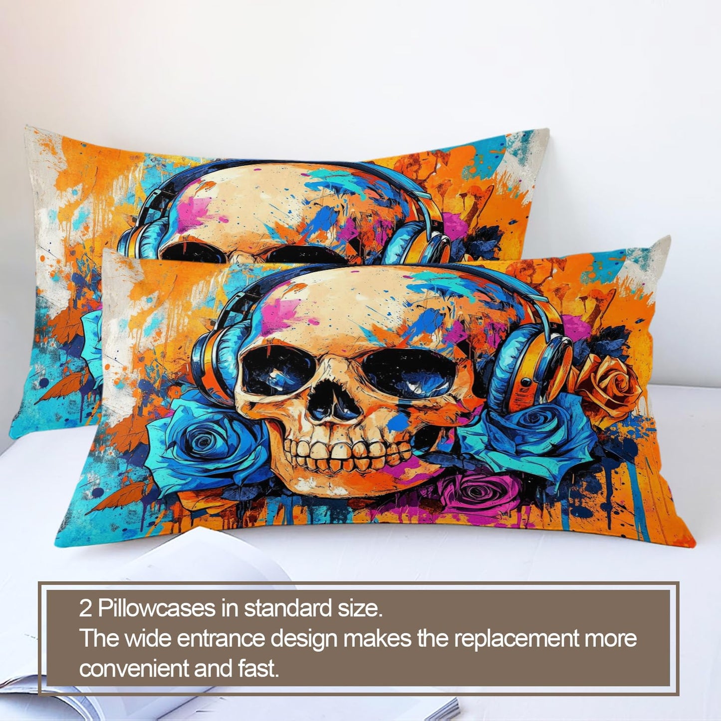 PAISUOQ Graffiti Bedding Sets Full Floral Skull Comforter Cover with Zipper Ties, Graffiti Music Duvet Cover with 2 Pillowcases, 3 Pieces，Bedroom Decor & Gifts