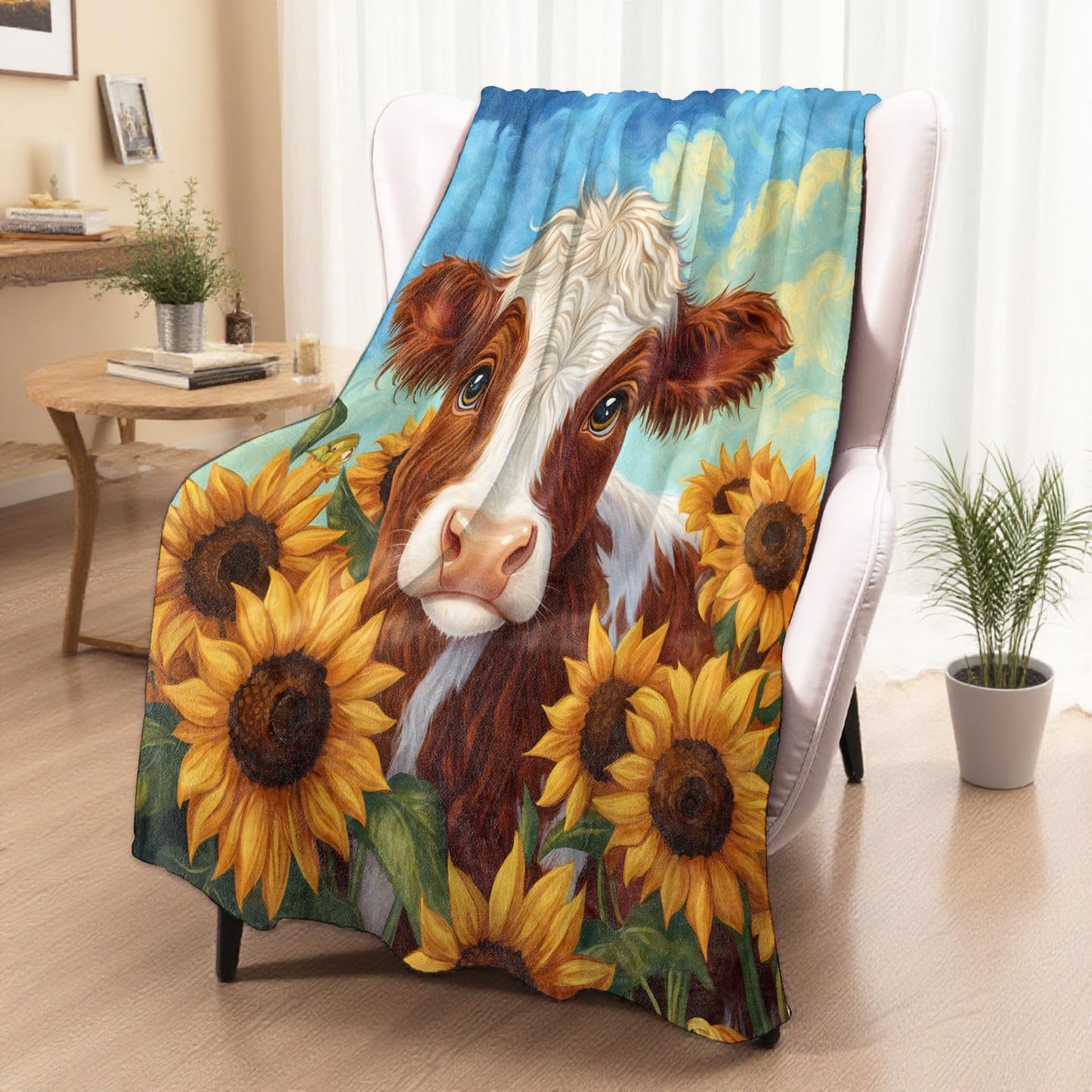 xmwjfd Cute Cow Blanket, Cozy Sunflower Calf Throw Blankets for Couch Bedroom Outdoor, Lightweight Soft Flannel Travel Throw, Gifts for Women Boys Girls, Home Cabin Dorm Decor 50"×60"
