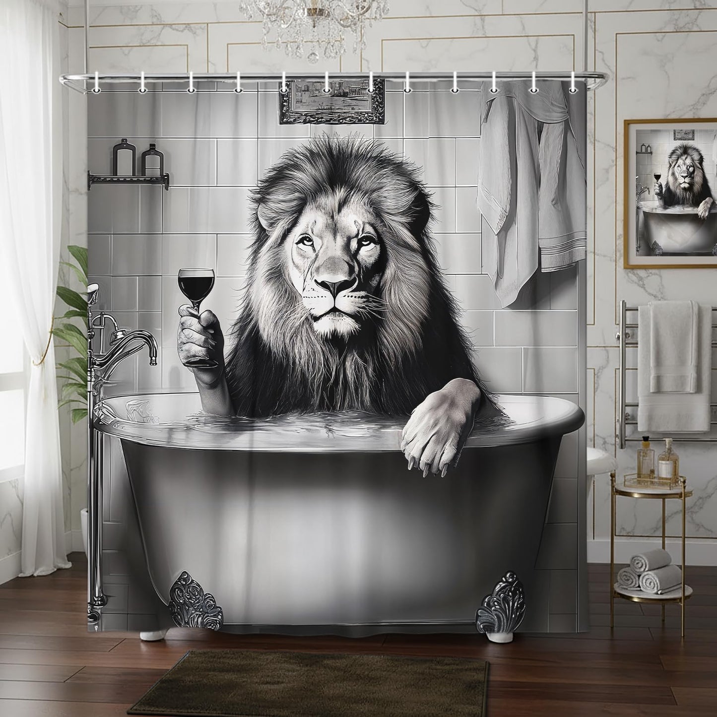 Grtuspr Funny Lion Shower Curtain, Black White Wildlife Animal Boys Men Gray Shower Curtains, Fun Lion Modern Bath Decoration Waterproof Polyester Fabric Shower Curtain Sets with 12 Hooks
