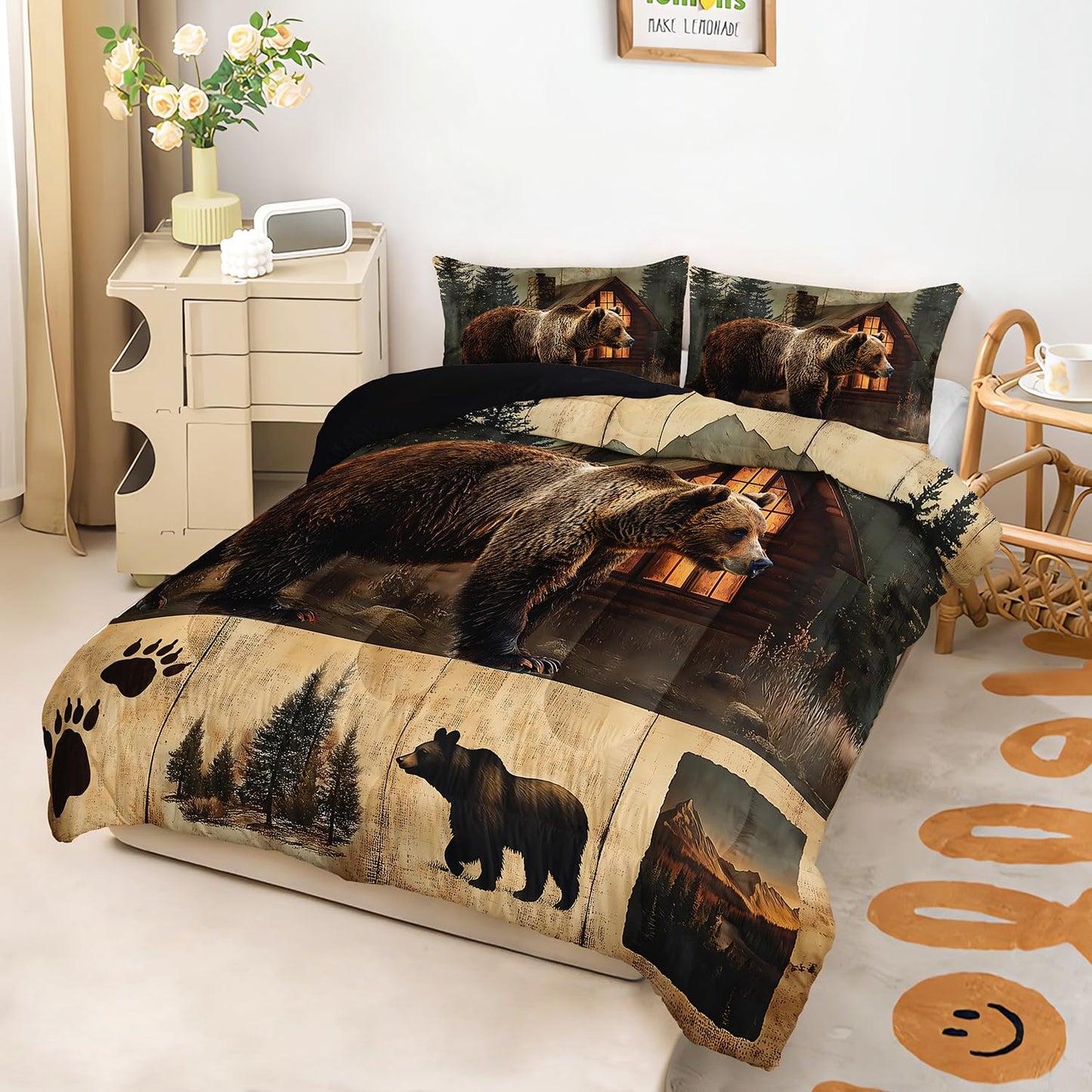 AILONEN Boys Rustic Bear Bedding Set Queen Size,Wildlife Hunting Comforter with 2 Pillowcases,3-Piece Bear Paw Printed Soft Duvet Set