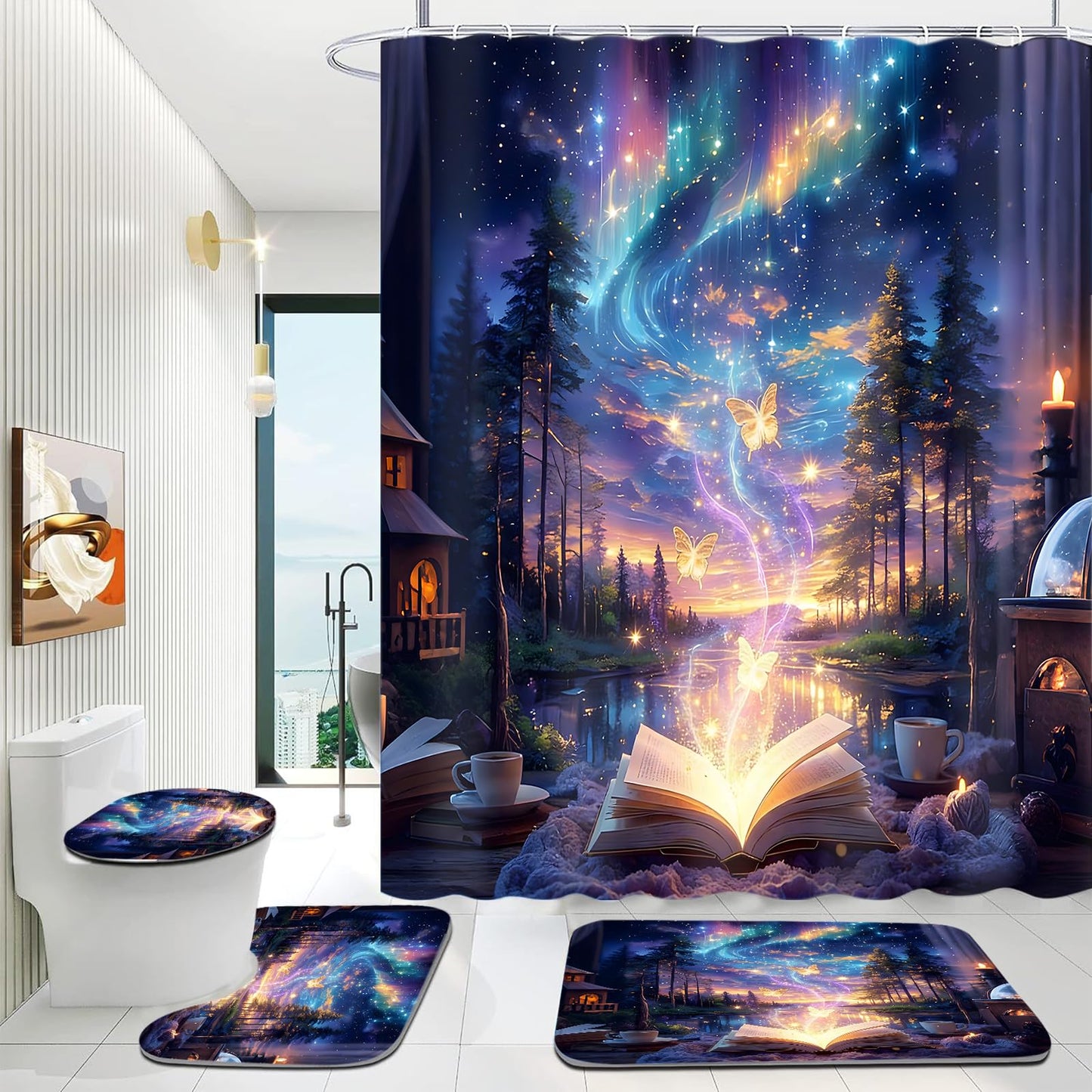 4Pcs Book Forest Starry Shower Curtain Sets with Non-Slip Rugs,Toilet Lid Cover and Bath Mat,Aurora Pattern Home Bathroom Decor Set Accessories Waterproof Shower Curtains with 12 Hooks,72 x 72 Inch
