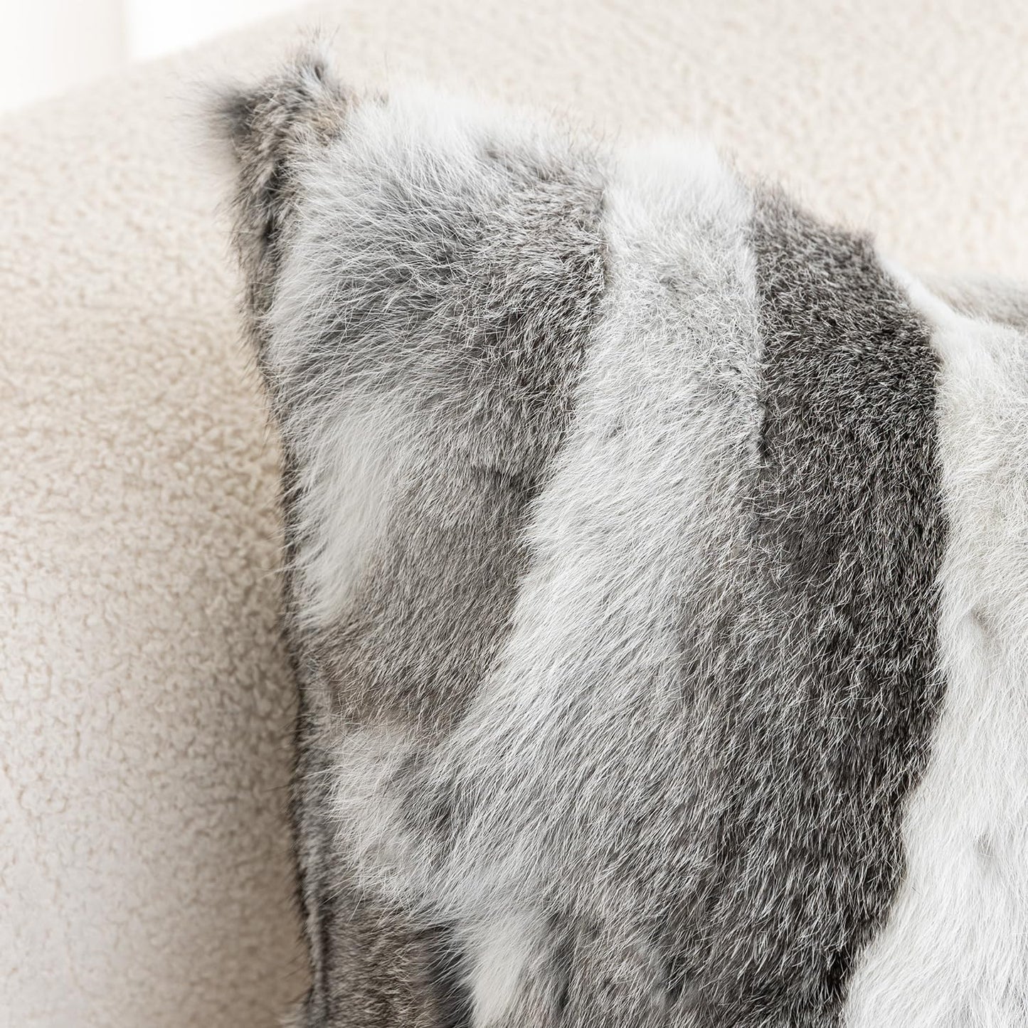 ROSE FEATHER Genuine Rabbit Fur Pillow Covers Set of 2, Luxury Decorative Throw Pillowcases Fluffy Animal Skin Accents Bolster Cushion Cover for Couch Sofa Bedroom Living Room Home,12x20inch, Grey