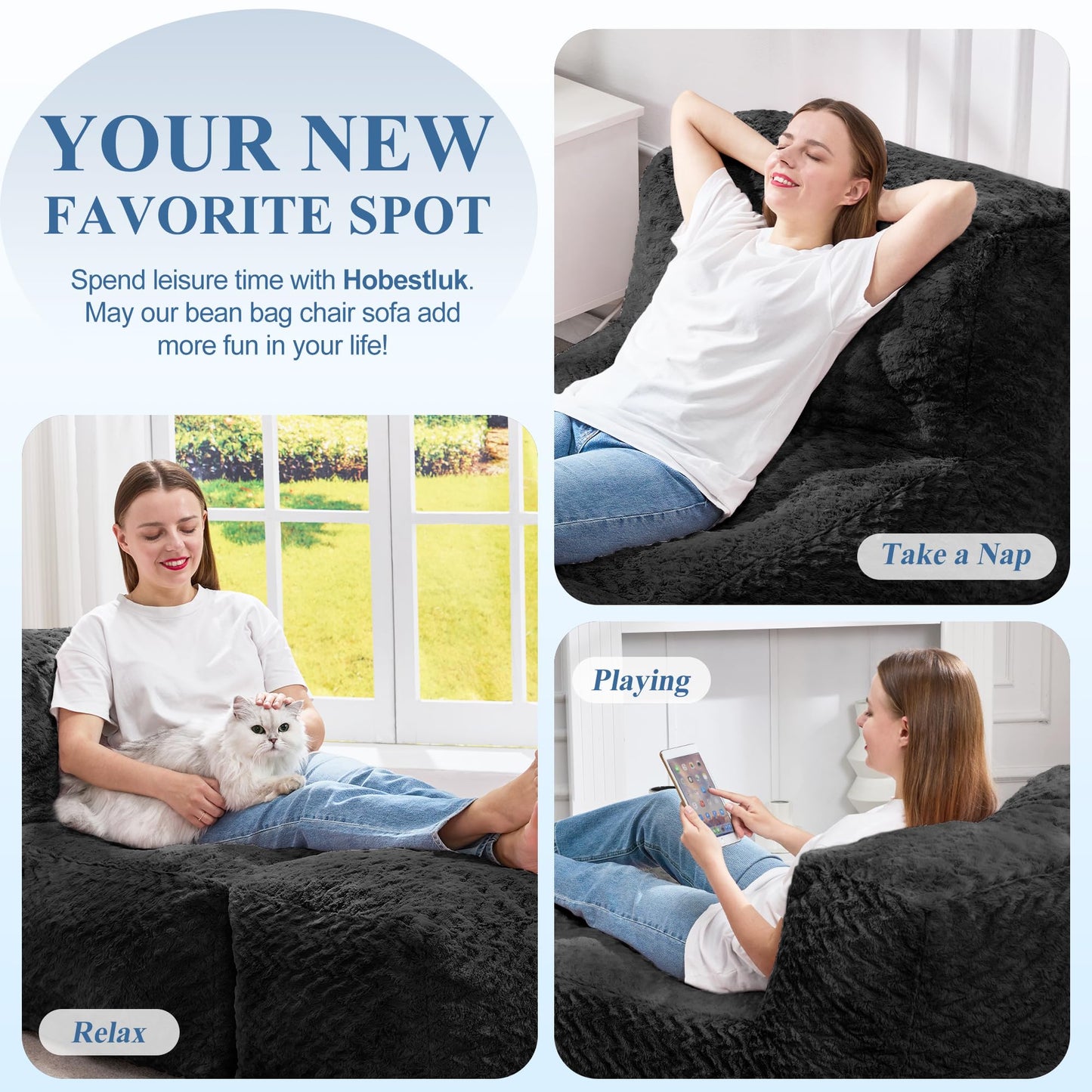 Hobestluk Giant Memory Foam Bean Bag Chairs Sofa for Adults (Black,Large)