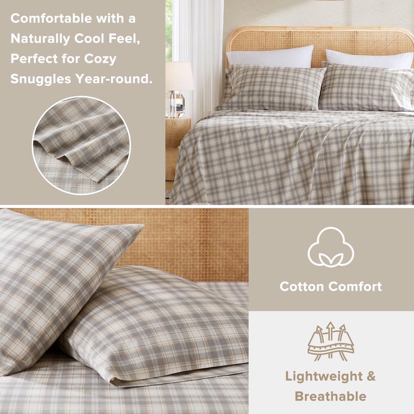 Comfort Spaces 100% Cotton Sheets Cal King, Breathable, Naturally Cool Cotton Sheets, Cotton Bed Sheets with 14" Elastic Pocket Fits up to 16" Mattress, All Seasons Sheet Set, Wesley Taupe 4 Piece