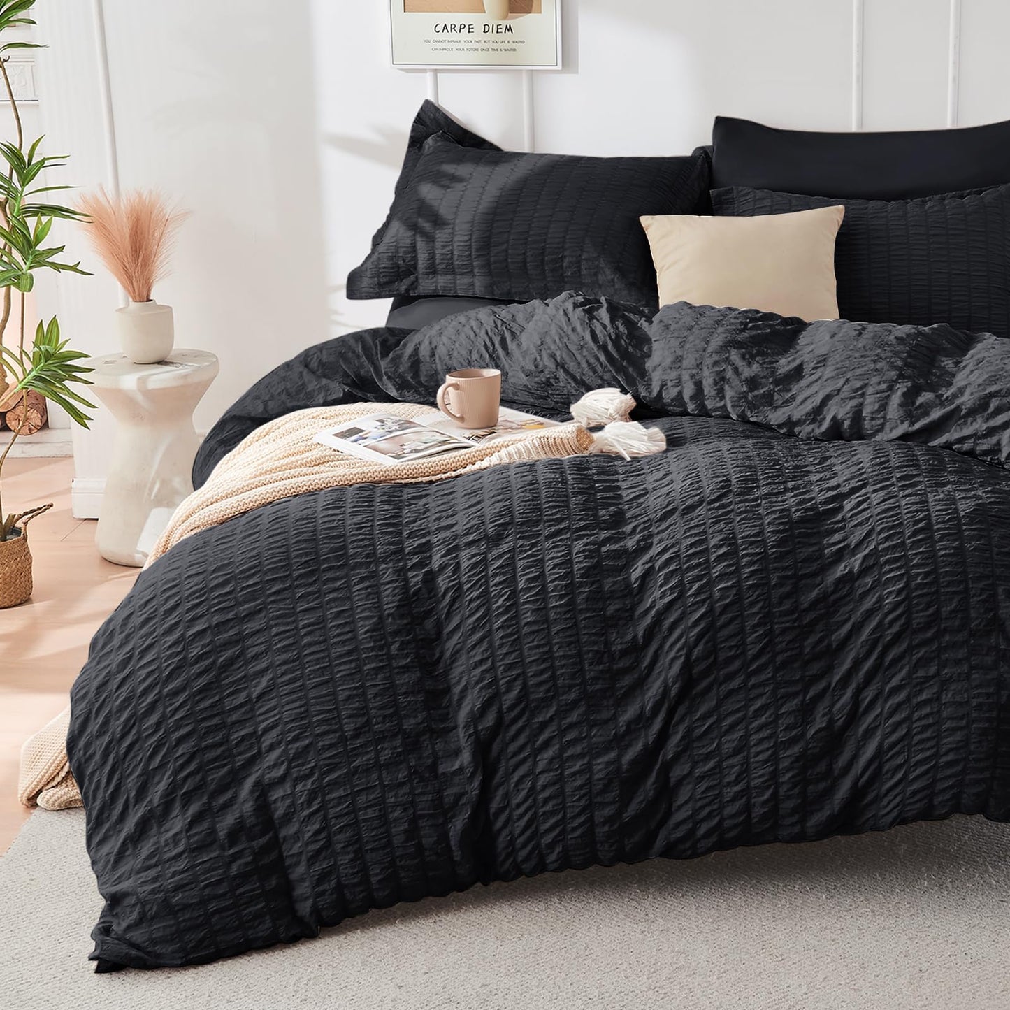 HYMOKEGE Black Twin Comforter Set Seersucker 5 Pieces, All Season Luxury Bed in a Bag for Bedroom, Bedding Set with Comforters, Sheets, Pillowcase & Sham