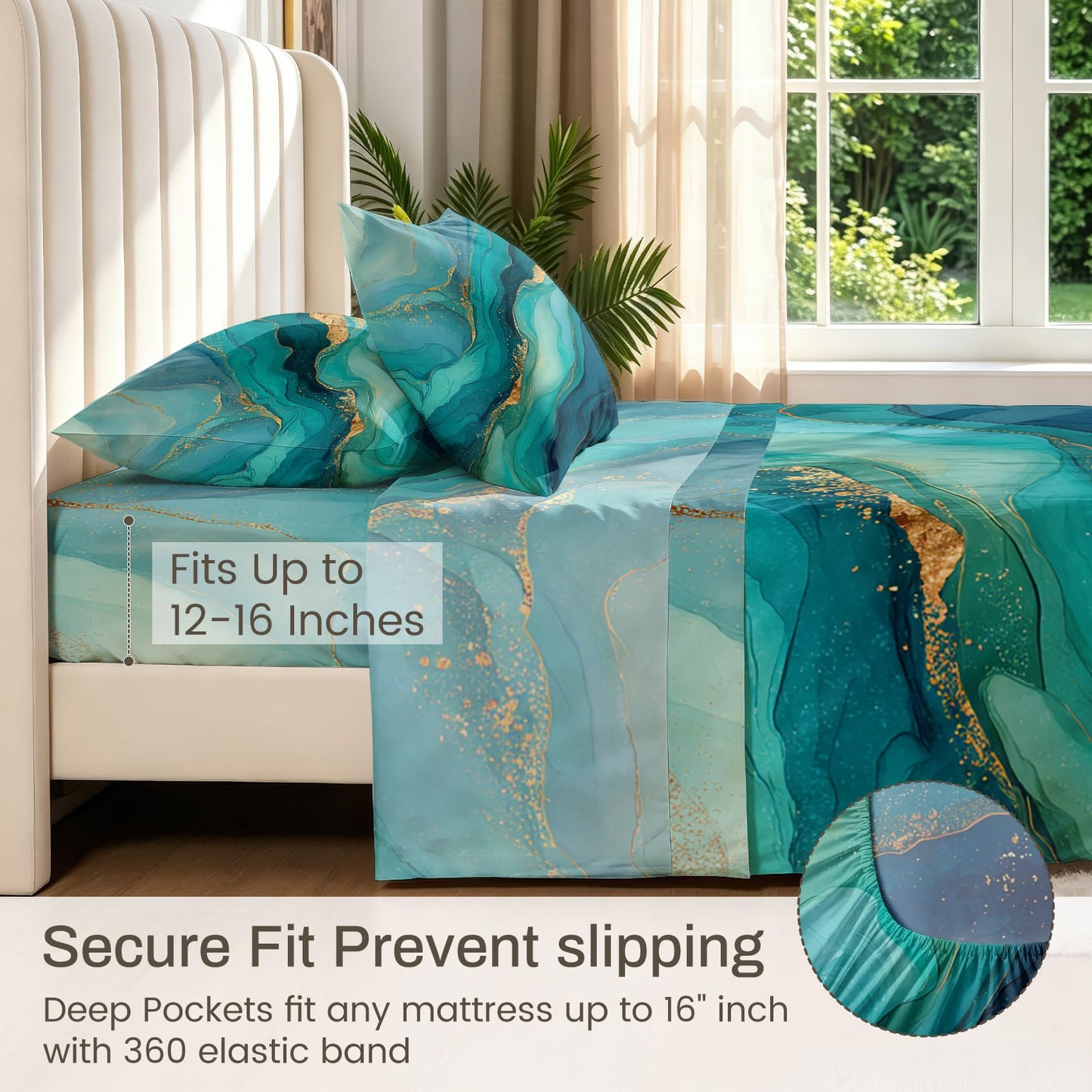 Green Marble Full Bedding Set Modern Abstract Sheet Sets, Gold Green