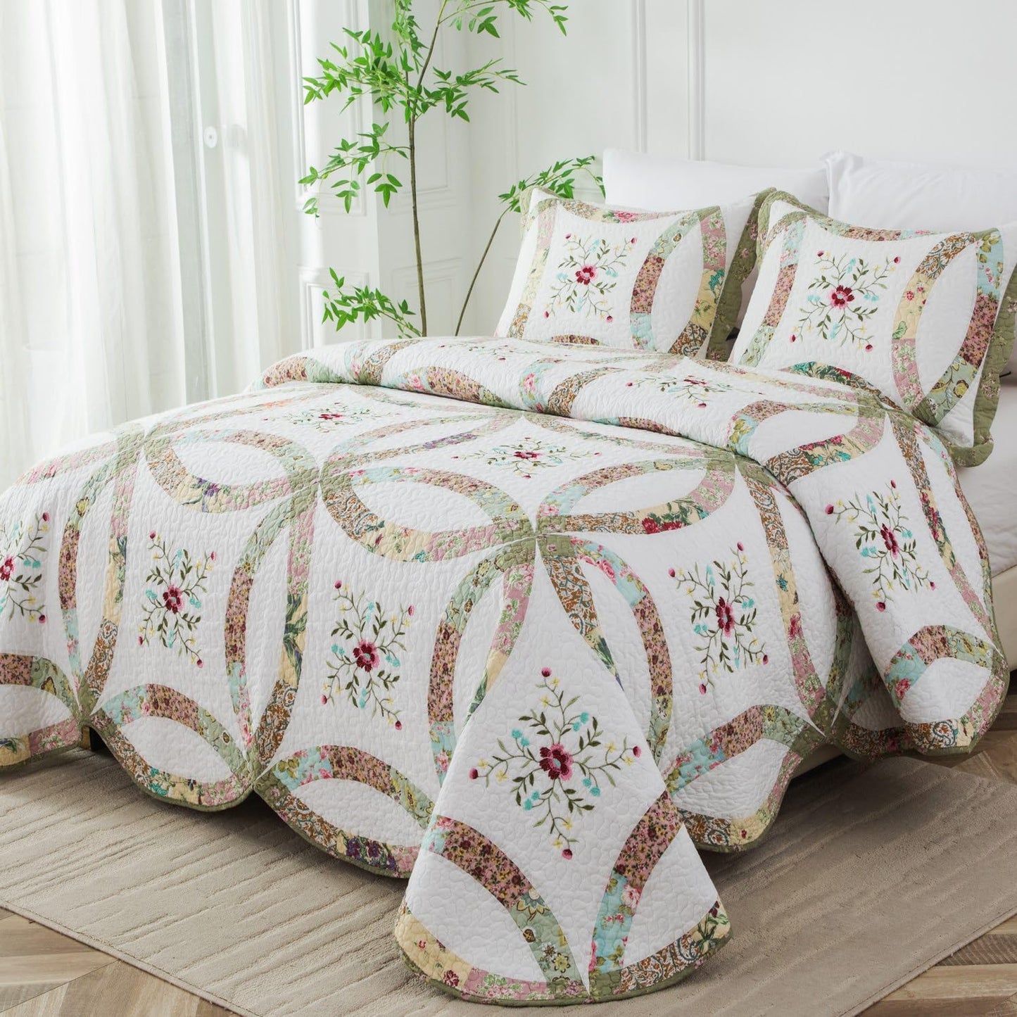 meadow park Cotton Real Patchwork Embroidery Quilt Set 3-Piece. 100% Washed Cotton. 376 Hand Cut Patches. Embroidery and Allover Quilting. Reversible Coverlet Set. (Queen)