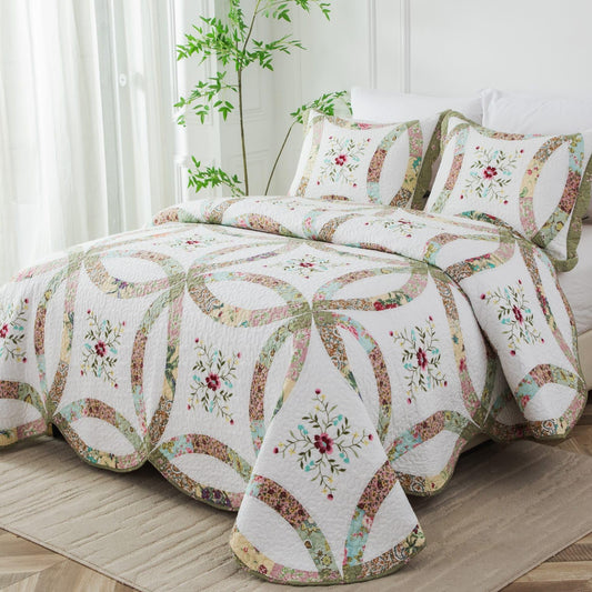 meadow park Cotton Real Patchwork Embroidery Quilt Set 3-Piece. 100% Washed Cotton. 376 Hand Cut Patches. Embroidery and Allover Quilting. Reversible Coverlet Set. (Queen)