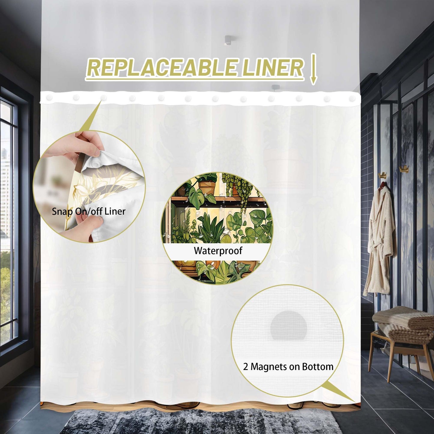 Plant Hookless Shower Curtain with Snap in Liner, 71" W X 74" L