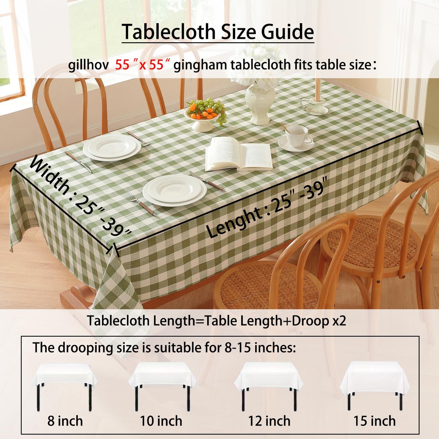 gillhov Gingham Tablecloth Rectangle Checkered Table Cloth Cotton Linen Fabric Wrinkle Free Washable Buffalo Plaid Table Cover for Kitchen Dining Picnic Camping, Green and White, 55 * 55 inch