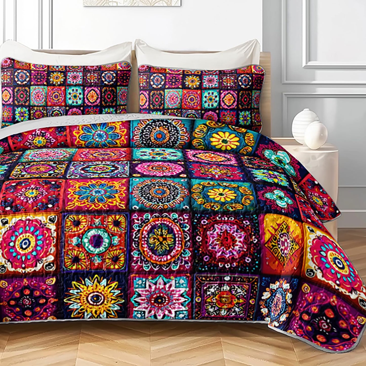 AILONEN Boho Floral Quilt Set Queen Size, Colorful Mandala Bohemian Ethnic Flower Bedspread Coverlet,Microfiber Bed Cover 3Pcs,2 Pillowcases