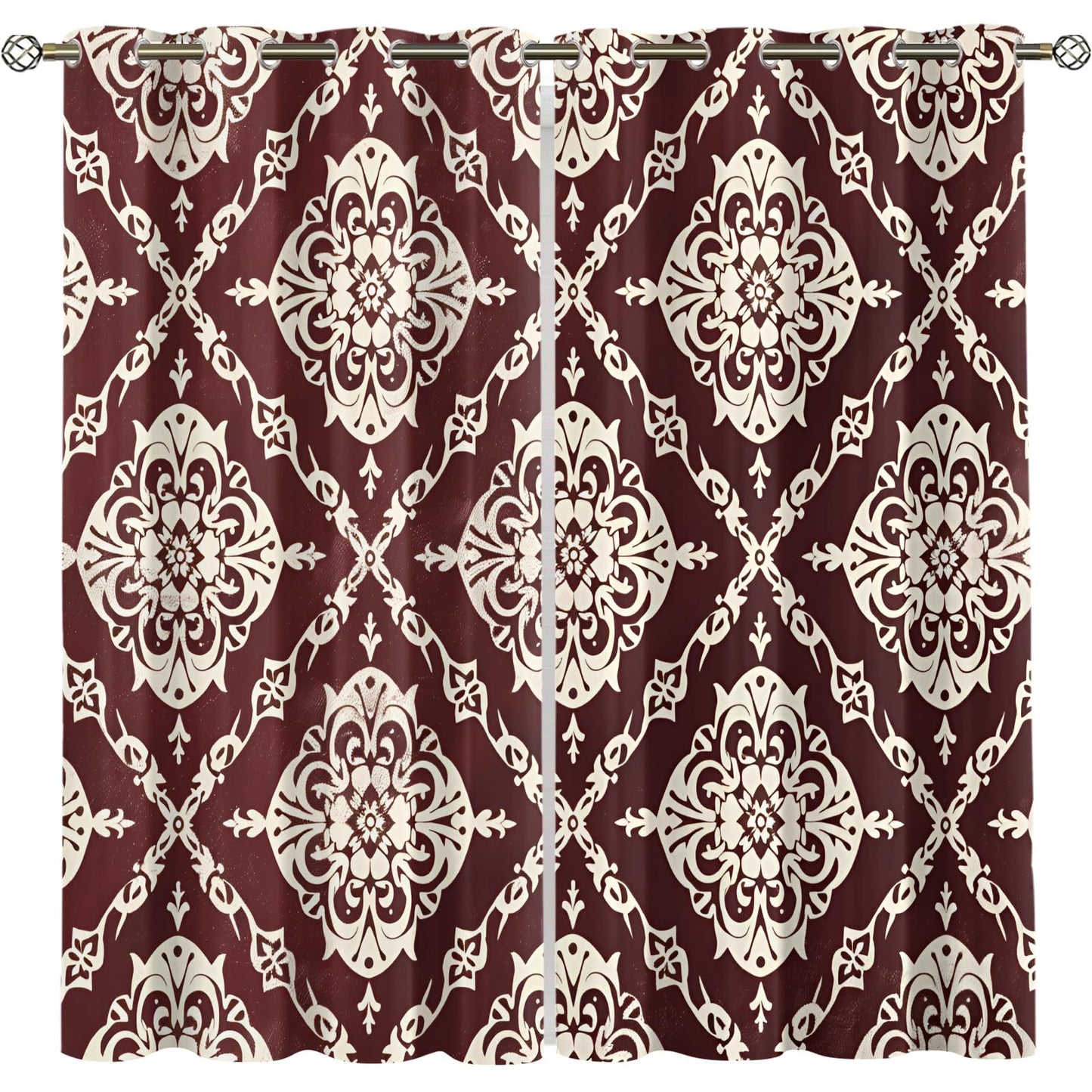 XAFIAUR Floral Blackout Curtains Traditional Patterns Print Curtain, Rhombus Art Drapes for Kids Bedroom Play Room 2 Panels Darkening Grommets Window Treatment 31.5" W x 63" L x2