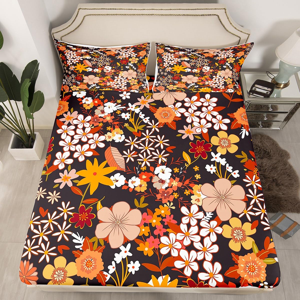 Erosebridal Bed Linen Set - Full Size Floral Hippie Aesthetic 400 Thread Count Bed Sheet Set for Women - 1 Fitted Sheet, 1 Flat Sheet, 2 Pillow Cases