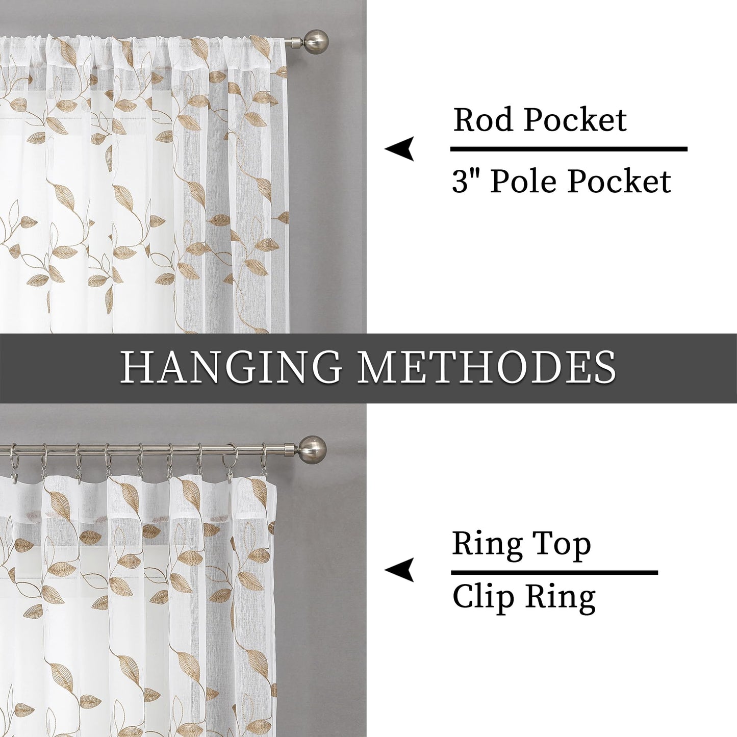 Tollpiz Taupe Leaf Sheer Curtain Leaves Embroidered Bedroom Curtains Rod Pocket Voile Window Treatments for Living Room, 38 x 63 inches Long, Set of 2 Panels