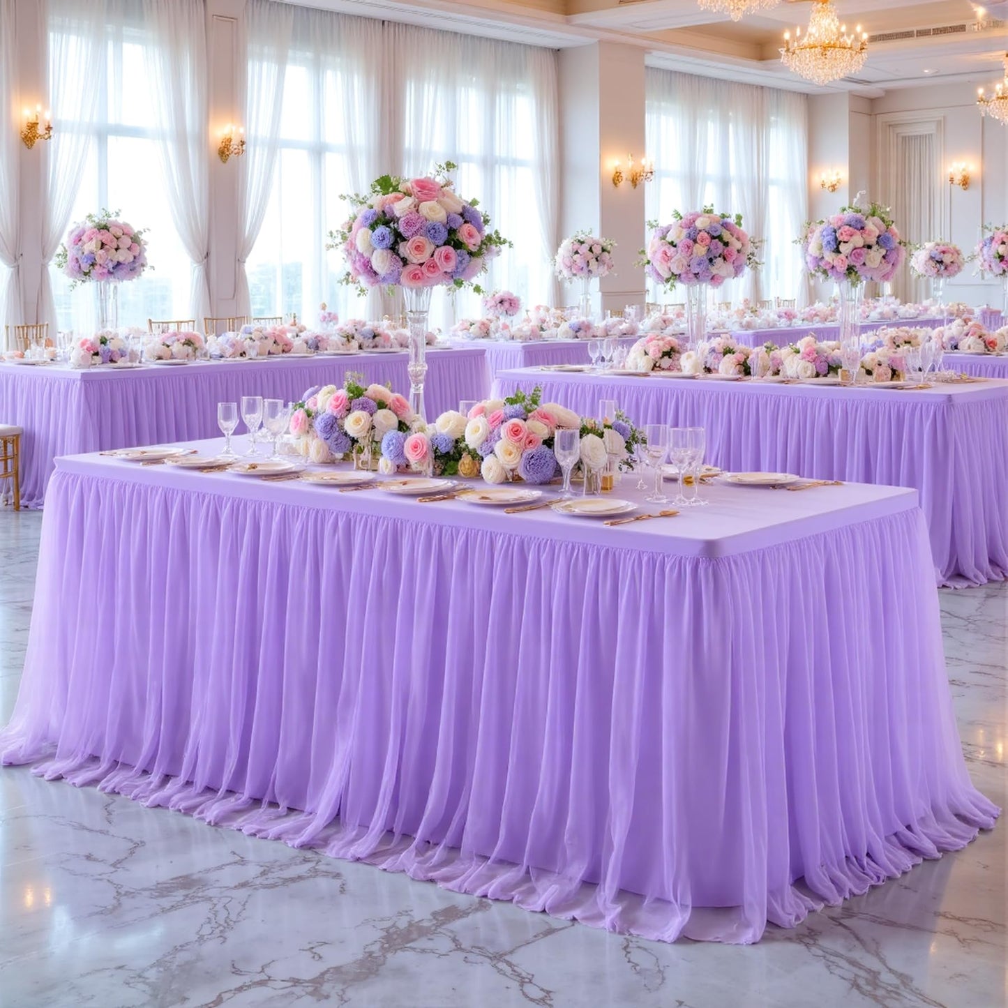Suppromo 4 Pack 6ft Lavender Tulle Tablecloths for Rectangle Tables, 6 Foot Rectangular Table Cloth Wrinkle Free Table Cover with Tutu Skirt for Wedding Baby Shower Birthday Party Banquet Buffet Cake