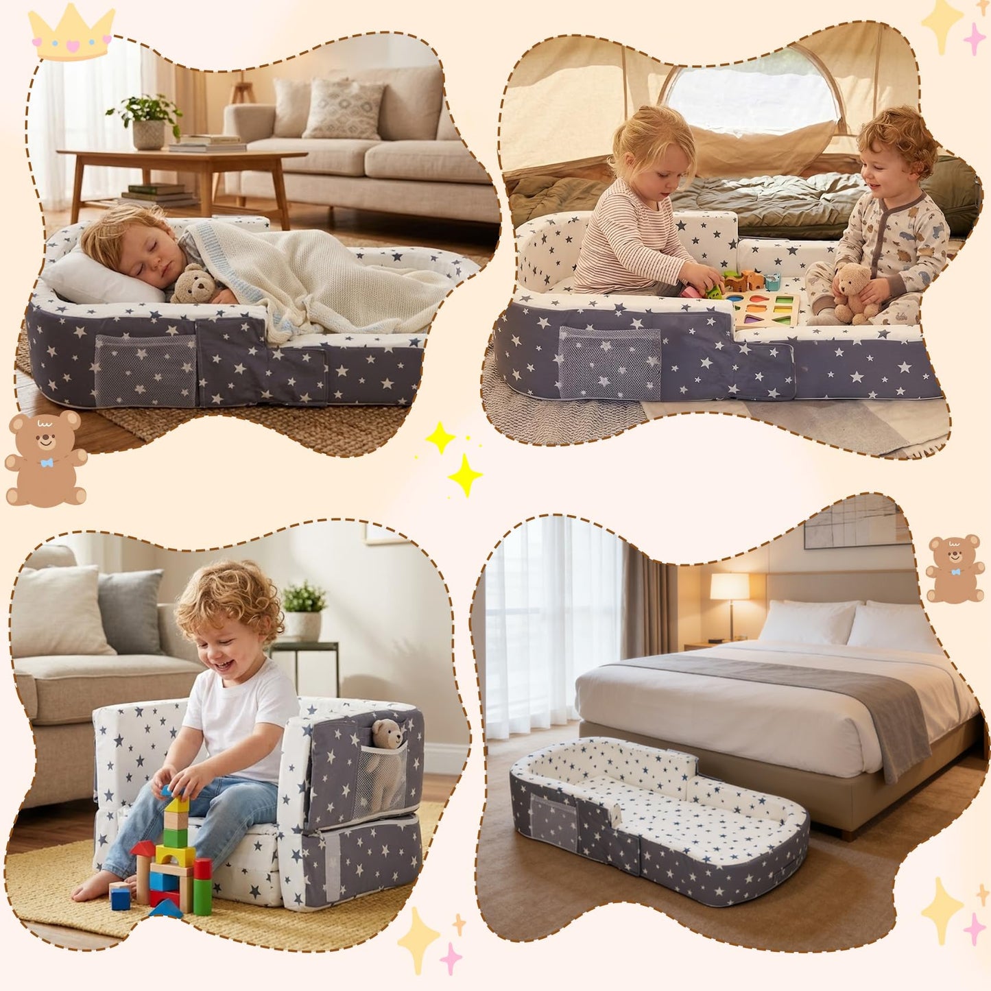 Toddler Travel Bed, 2-in-1 Portable Toddler Bed Sofa Chair Convertible Travel Crib with Storage Pockets, Foldable Portable Toddler Bed Sofa Chair Velvet Washable Covers for Kids Camping Hotel Sleeping