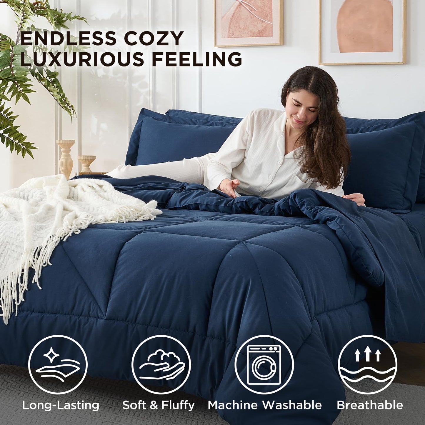 Baskbed 7 Pieces Queen Comforter Set - Utral Soft Microfiber Bedding Set, Thick Duvet Insert Bed in a Bag Without Rustling Noise for All Season, Navy (88"x88")