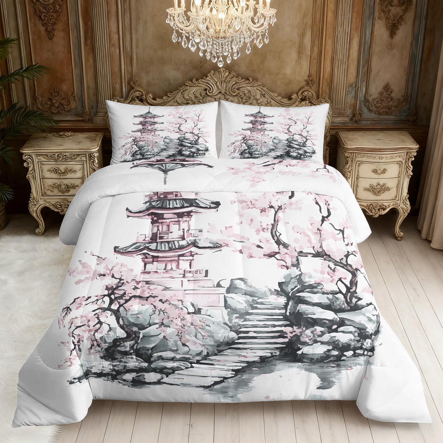 ZDABAOEC Japanese Twin Comforter Set 2 Piece, 1 Pillow Sham, Chinese Oriental Asian Style Reversible Down Alternative All Season Bedding, Soft Microfiber, Japanese Bedroom Decor
