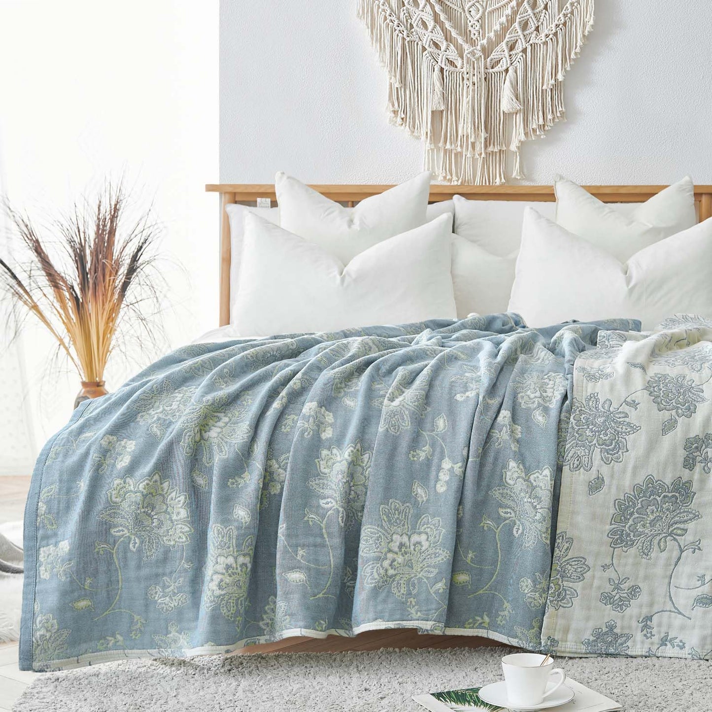 jinchan Boho 100% Cotton Muslin Twin Size 50x60 Inches Blanket Lightweight 4-Layer Quilted Soft Blue and White Floral Throw Blanket Green Accents Reversible Comfy Flower Breathable Summer Couch