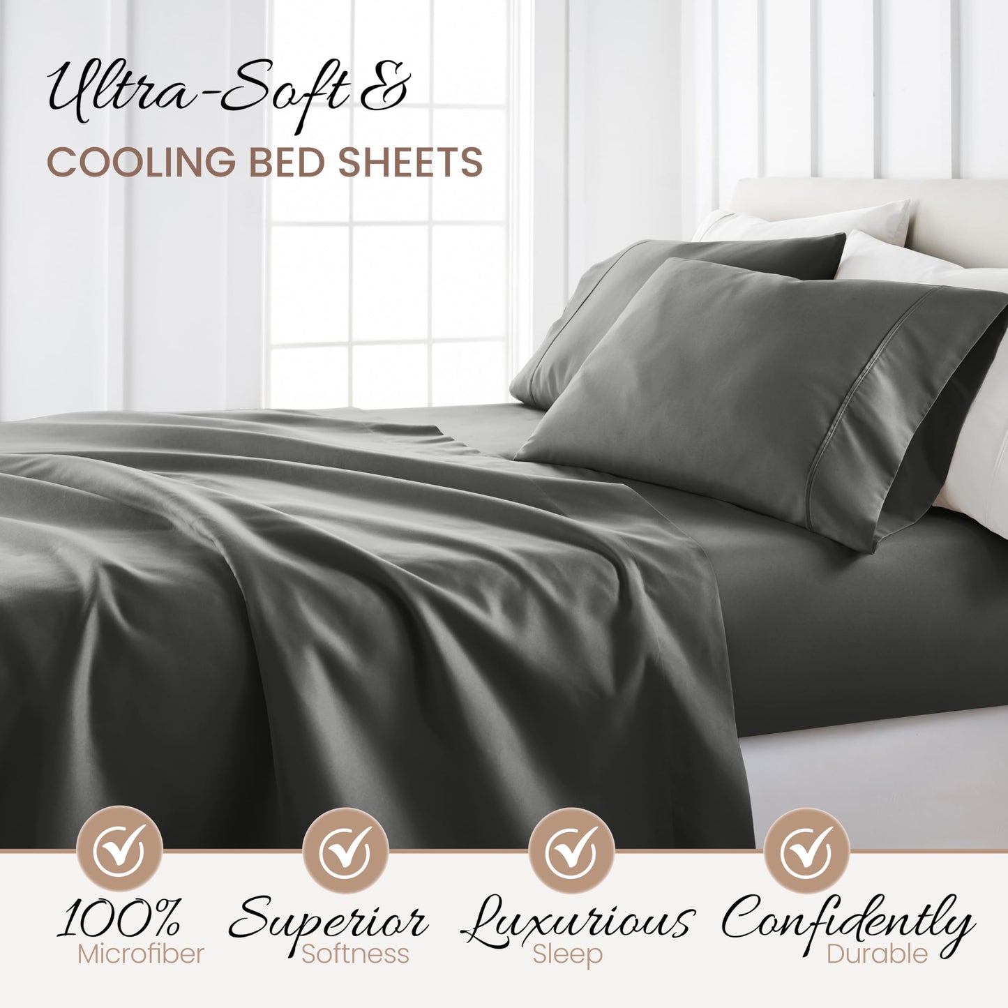 Linen Market Brushed Microfiber King Sheet Set 4 Piece – Oeko-TEX Certified Ultra Soft & Wrinkle-Free - 16" Deep Pocket Sheets - Easy Care King Size - Gray