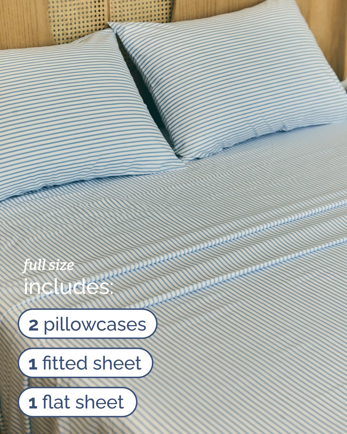 Striped Sheets - Blue & White Striped Sheets - 1 Flat & 1 Fitted & 2 Pillowcases w/ Deep Pockets – Wrinkle & Fade Free - Soft, Breathable and Cooling - Luxury Pinstripe Bedding - Full Size Bed Set