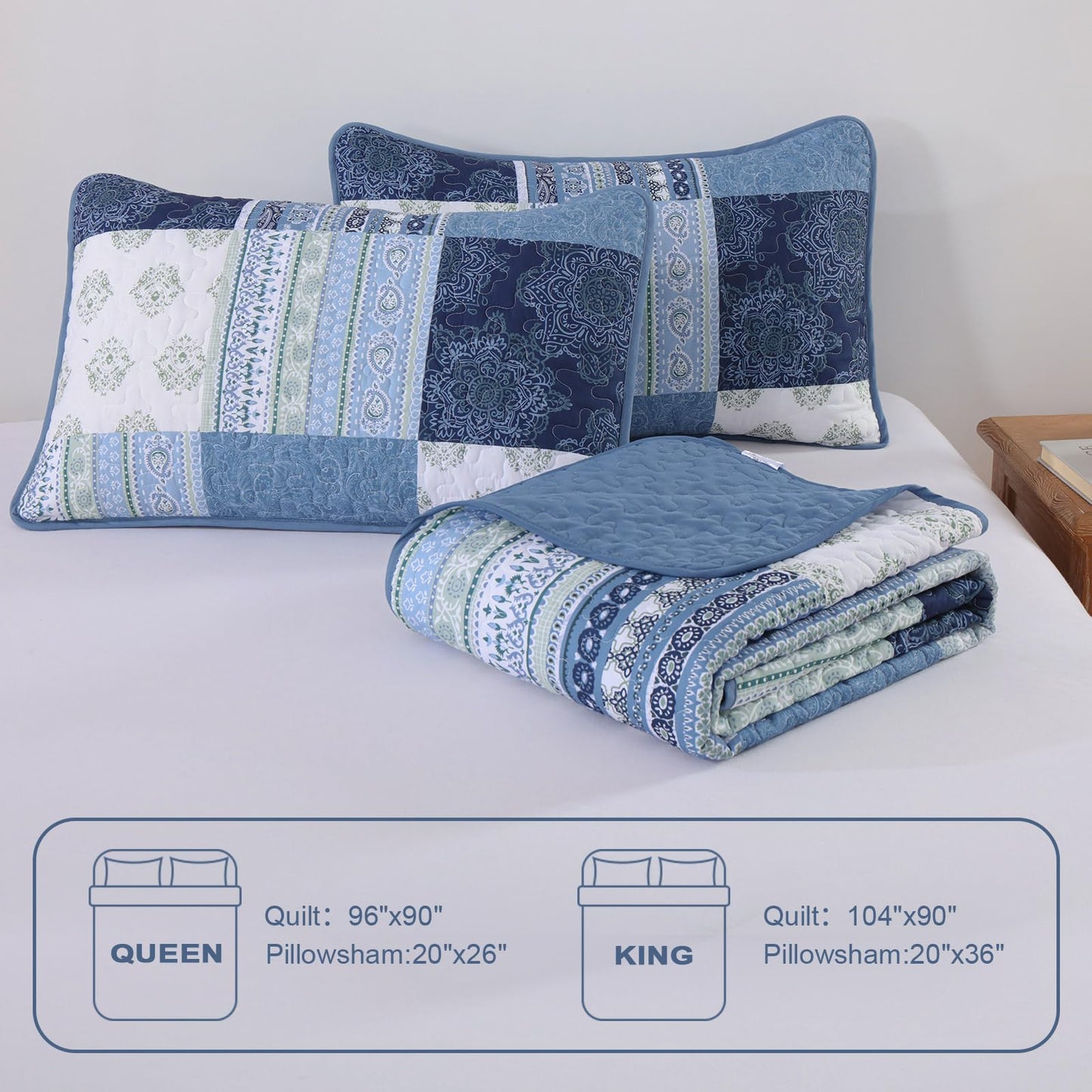 Dintszyayue Blue Patchwork Quilt Set Queen Size,3 Pieces Boho Bedspread Coverlet Set Plaid Bohemian Quilt Bedding Set Reversible Bed Cover Soft Lightweight Coverlet Set (Queen,96"x90")