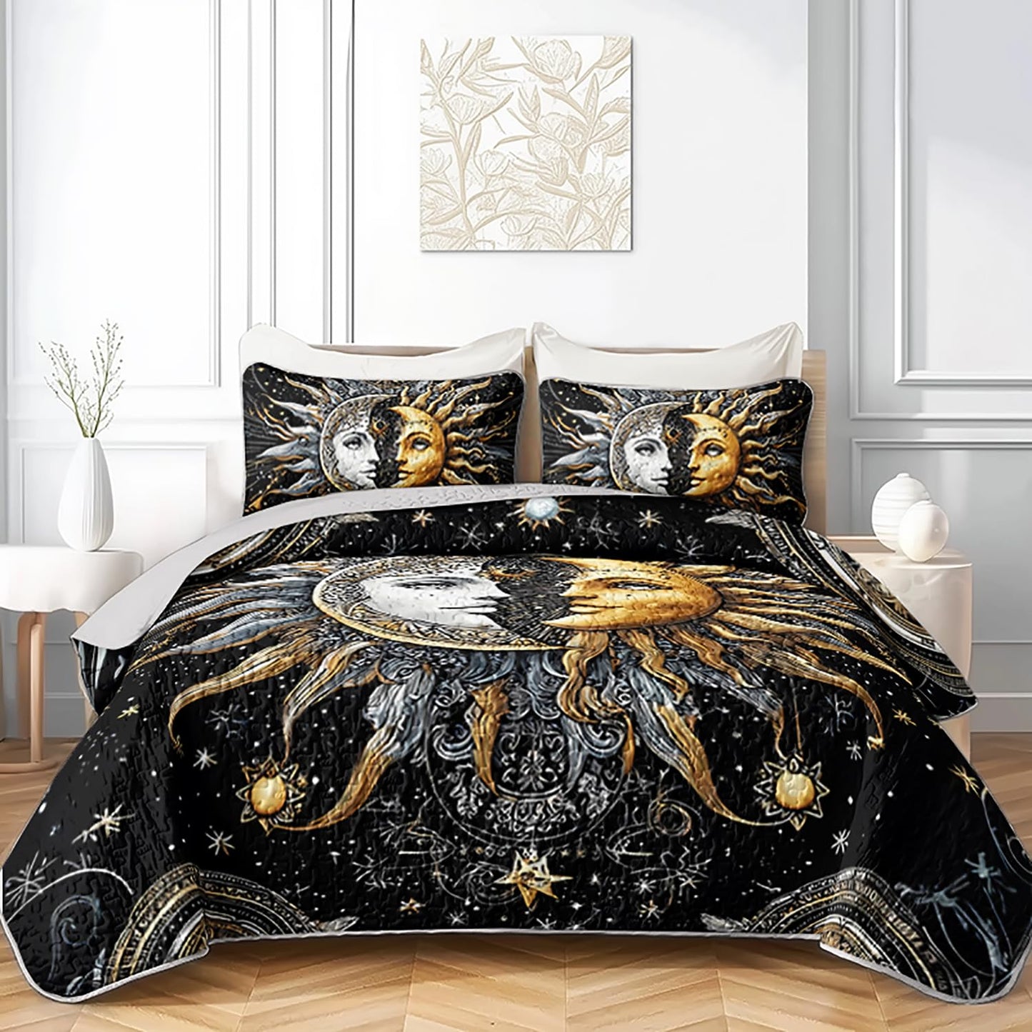 XYNHML Sun Moon Star Quilts Bedding Full 3Pcs Mystic Celestial Galaxy Starry Quilt Bed Set Occult Crescent Lightweight Soft Bedspread Coverlet with 2 Pillowcases for Kid Boy Girl Teen Adult Bed Decor