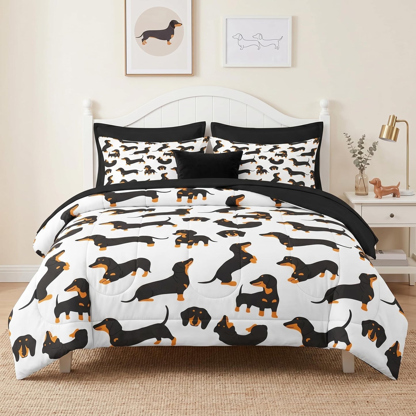 Pamnest Comforter Set Full Size, Dog Family Animal 7 Pcs Bedding for Kids and Adults, Happy Cute Dachshund Bed Sheet Sets with Fitted Sheet 2 Pillowcases & 2 Shams for Bedroom Bed Decor
