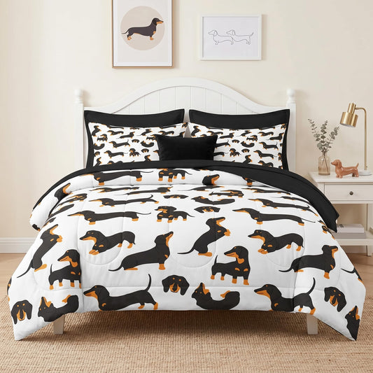 Pamnest Comforter Set Full Size, Dog Family Animal 7 Pcs Bedding for Kids and Adults, Happy Cute Dachshund Bed Sheet Sets with Fitted Sheet 2 Pillowcases & 2 Shams for Bedroom Bed Decor