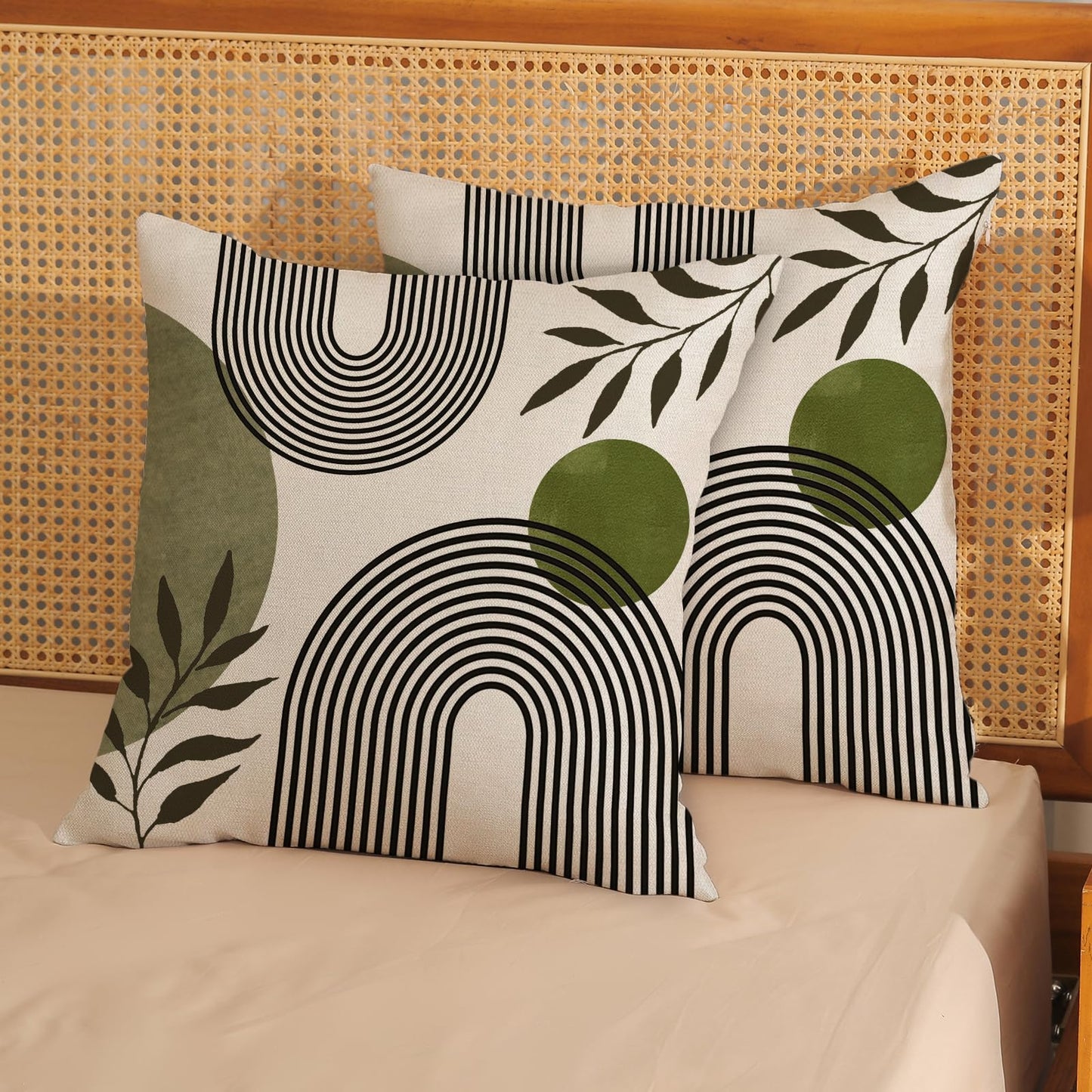 Boho Summer Pillow Covers 18x18 Inch 2 Pcs Sage Green Tropical Leaf Outdoor Decorative Throw Pillows, Mid Century Abstract Art Farmhouse Decor Pillowcase Linen Cushion Cover for Couch Sofa G-6