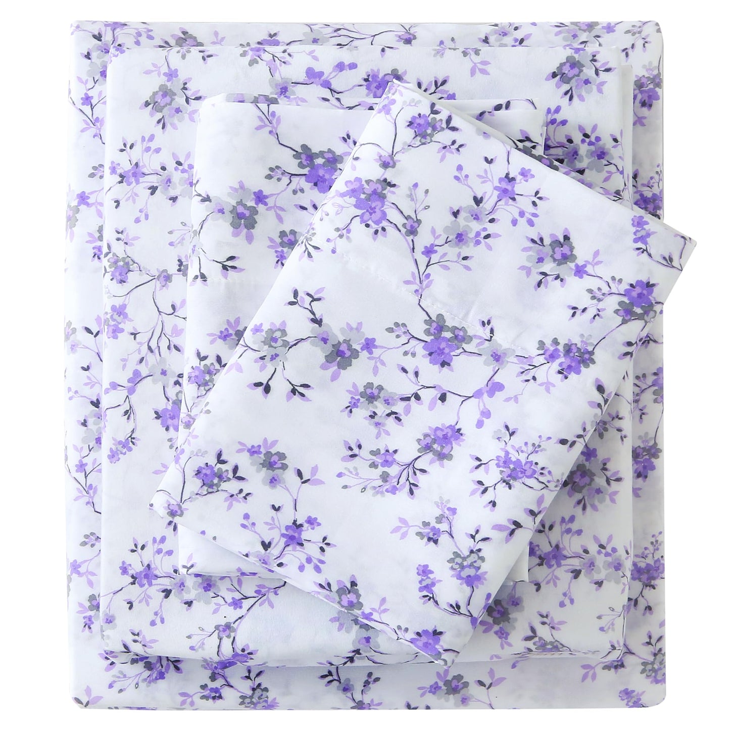 Viviland Floral Queen Sheet Set - 4 Piece Purple Lavender Botanical Patterned Bed Sheets - Soft, Breathable Microfiber Sheets with Deep Pocket, Non-Slip Fitted Sheets & Pillowcases