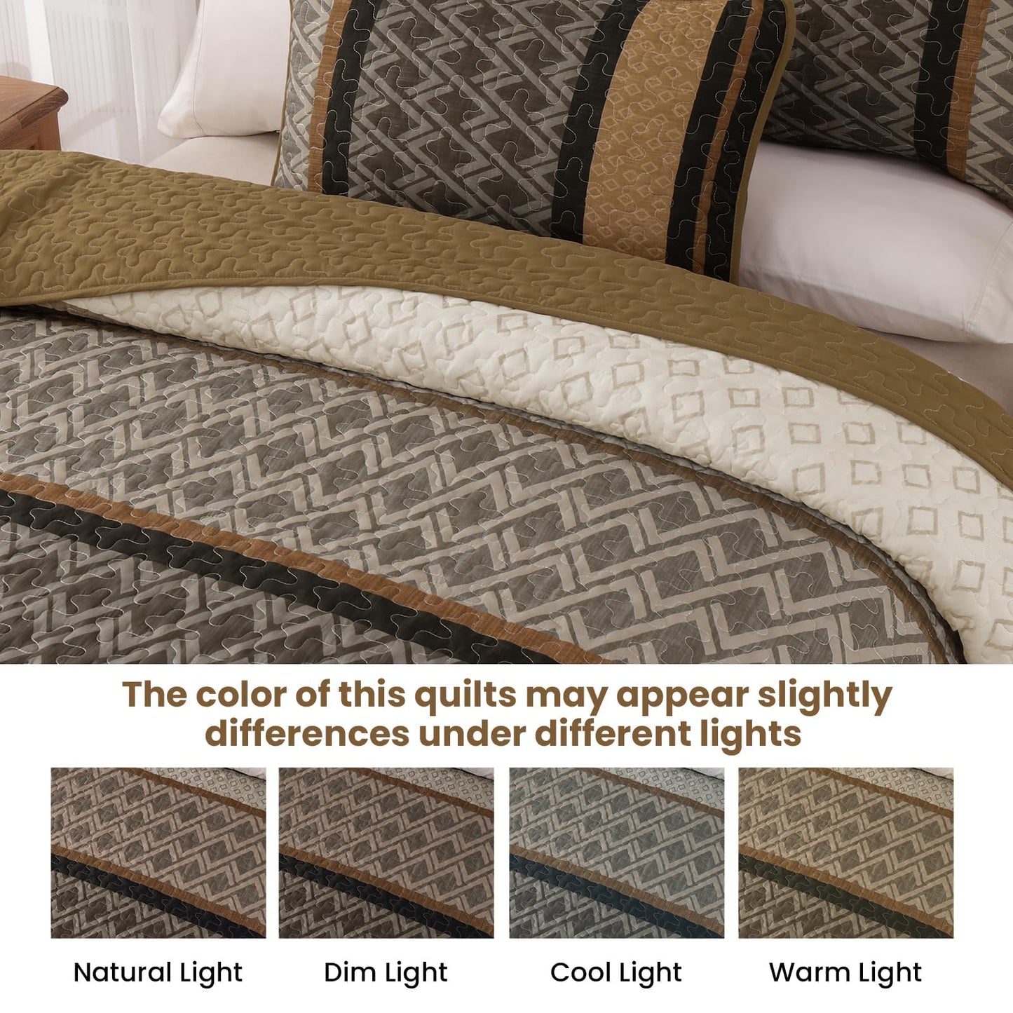 Dinjoy Queen Quilt Set Brown,Striped Bedspread Queen Size, Fall Bedding Sets 3 Pieces Micofiber Lightweight Quilts with 2 Pillow Shams Coverlet Bed Sets for Women Men 96''x90''