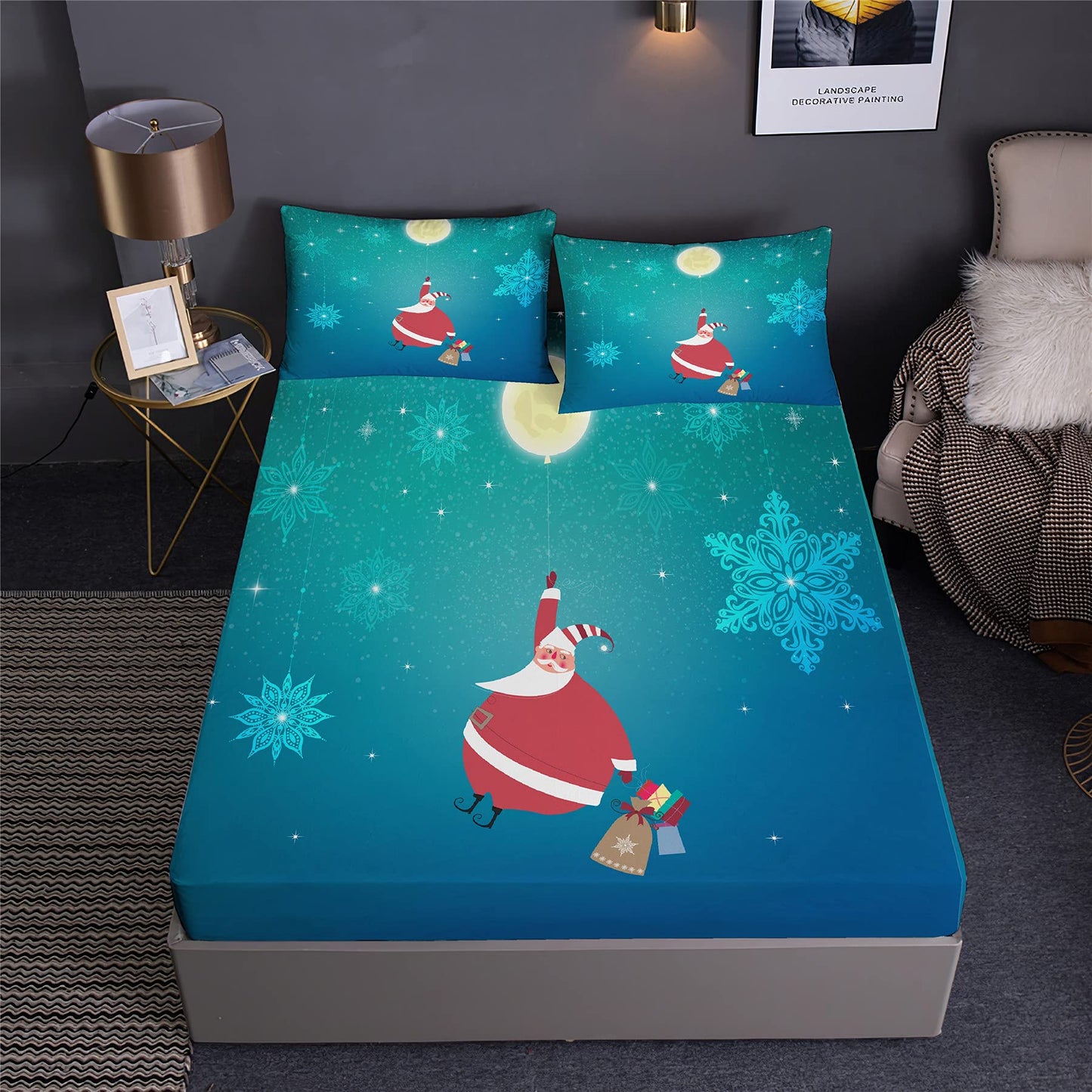 Boasorte Funny Cartoon Christmas Prints Fitted Sheet Set Santa Claus Elk Christmas Tree Bedding Set | with Fitted Sheet and 2 Pillowshams(3pcs) or Comforter(4pcs) (D,Twin-3PCS)