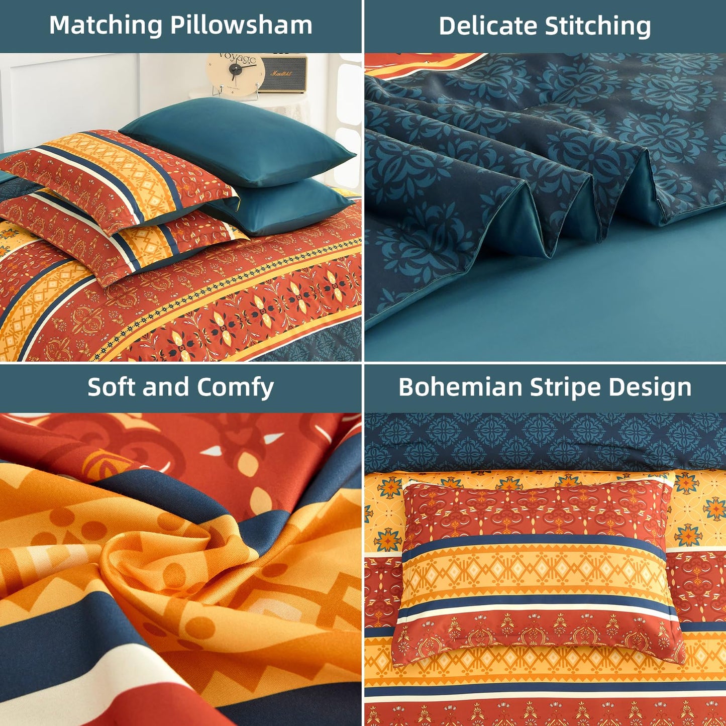 WONGS BEDDING Boho Comforter Set King Size,7 Pieces Bed in a Bag Bohemian Striped Bedding Set,Burnt Orange Paisley Floral Comfortet and Sheet Set,Soft Microfiber Bedding Sets for All Season