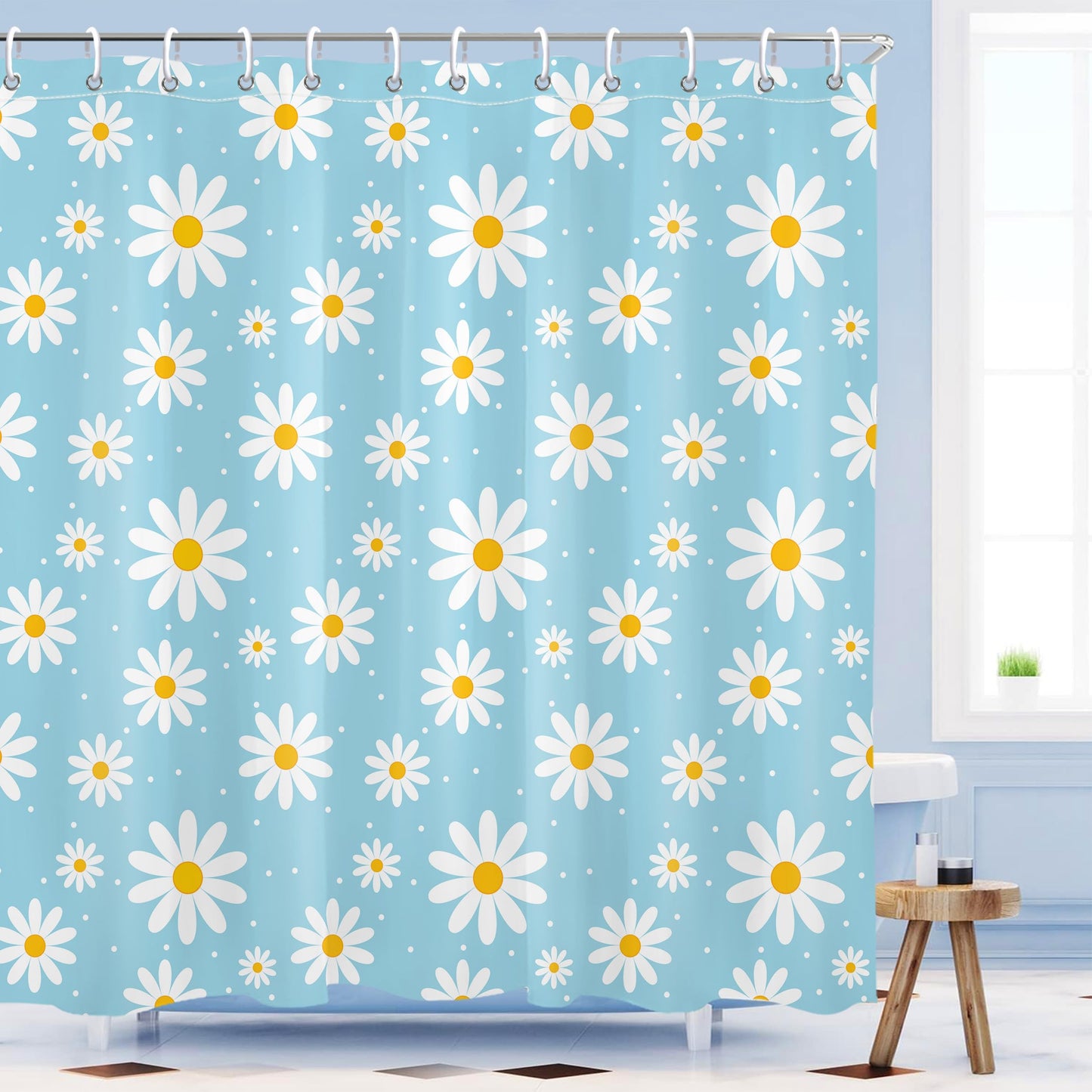 Mayormyth Shower Curtain Blue Floral Cute Daisy Bathroom Curtains for Girls Bathroom Decor Boho Retro Shower Curtain Set Polyester Waterproof Cloth Fabric with Hooks