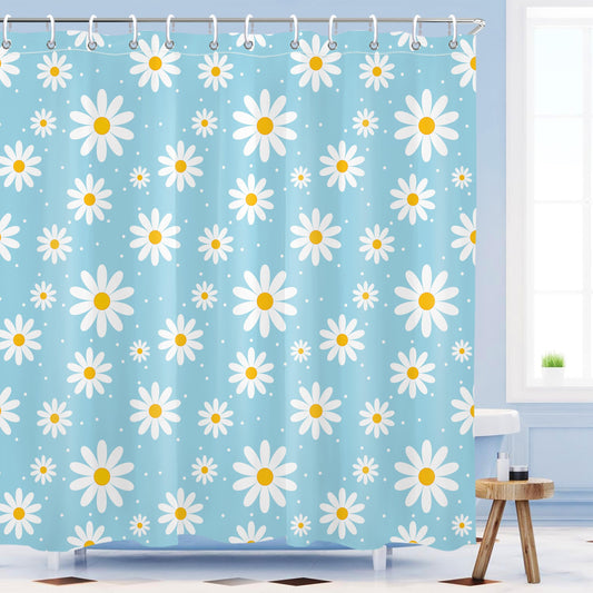 Mayormyth Shower Curtain Blue Floral Cute Daisy Bathroom Curtains for Girls Bathroom Decor Boho Retro Shower Curtain Set Polyester Waterproof Cloth Fabric with Hooks