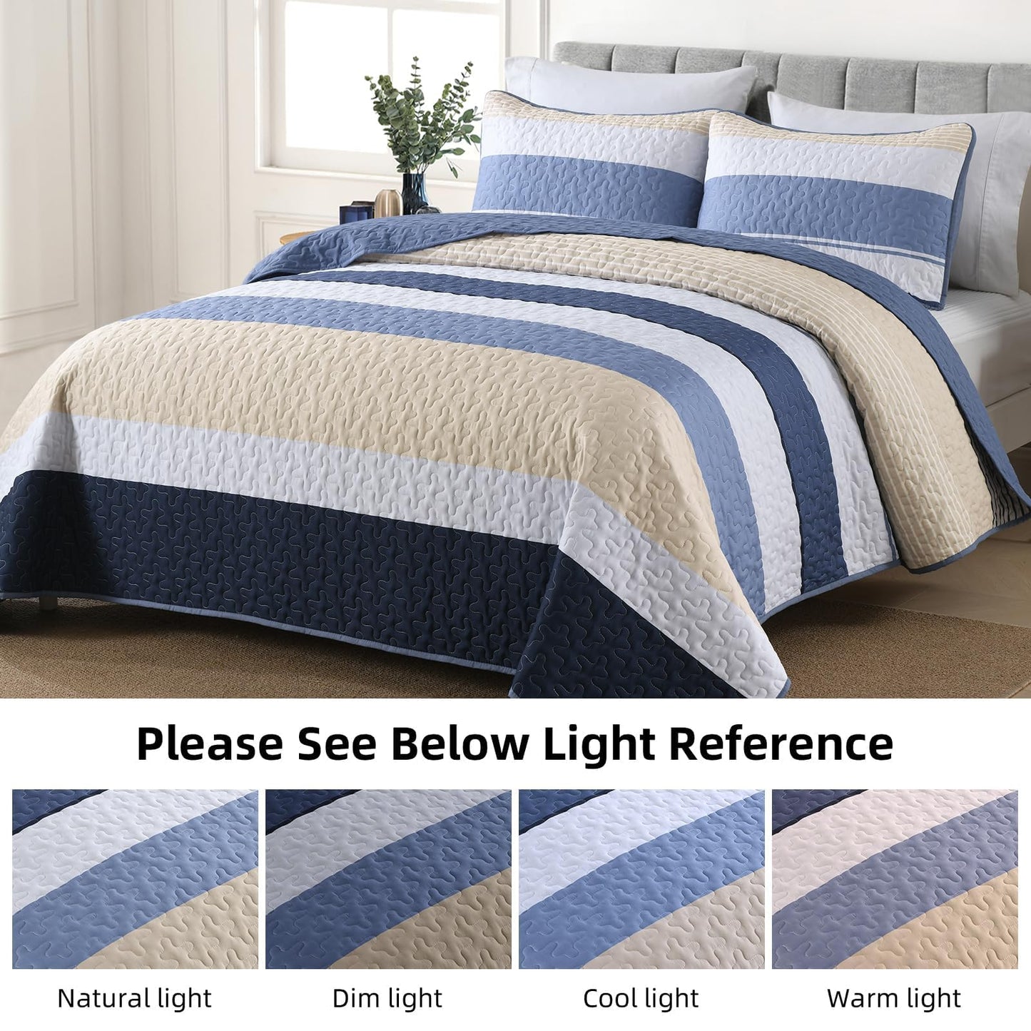 Dinjoy Blue Boho Quilt Set Queen Size, Fall Striped Bedspread Lightweight Farmhouse Bedding Sets 3 Pieces Micofiber Patchwork Coverlet with 2 Pillowcases for Men Bed