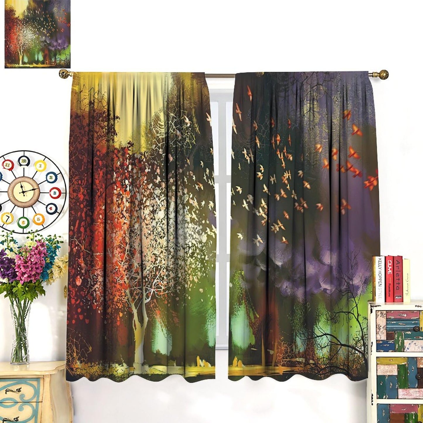 Fantasy Forest Blackout Window Curtain, Forest with Mysterious Trees and Birds Supernatural Vivid Wo for Girls Boys Living Room Bedroom Decor Window Drapes 2 Panels 42x45 Inch
