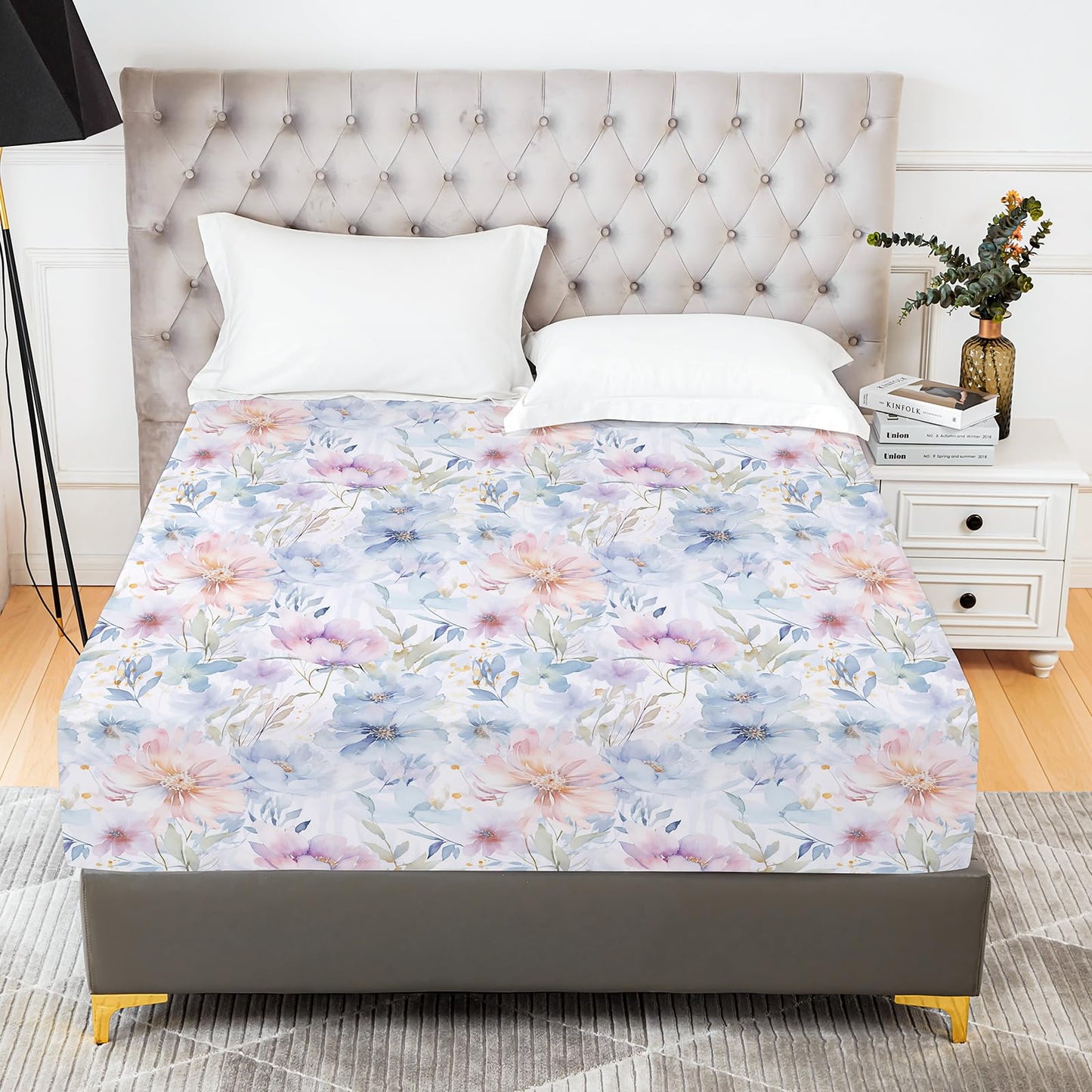 YIYEA Floral Fitted Sheet Only, Premium Double Brushed Microfiber Deep Pocket Fitted Sheet Queen Size, Ultra Soft Fitted Bottom Sheet, Shrinkage, Fade Resistant, Queen