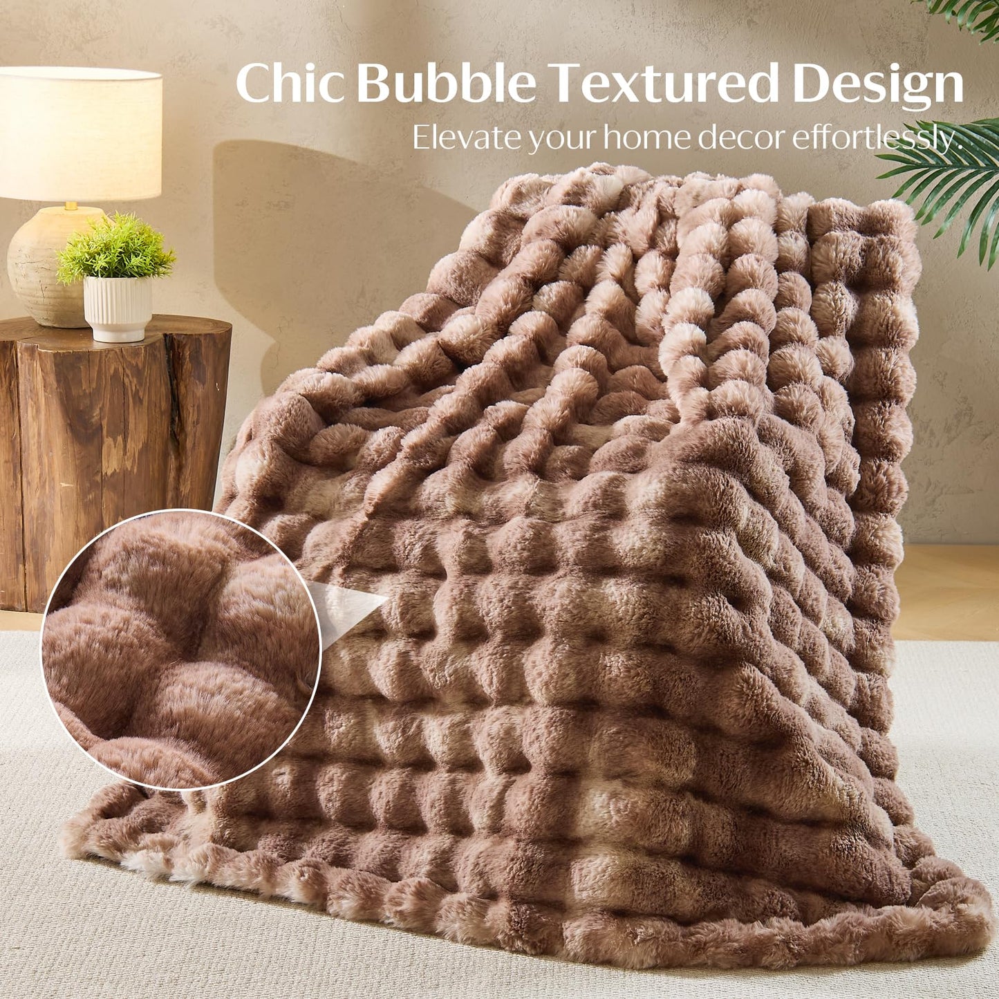 DOWNCOOL Faux Fur Throw Blanket for Couch, Soft Fluffy Fuzzy Plush Bubble Blanket for Sofa Bedroom Living Room, Cozy Warm Luxury Fleece Minky Blanket, 50x60 Inches Tie-dye Brown